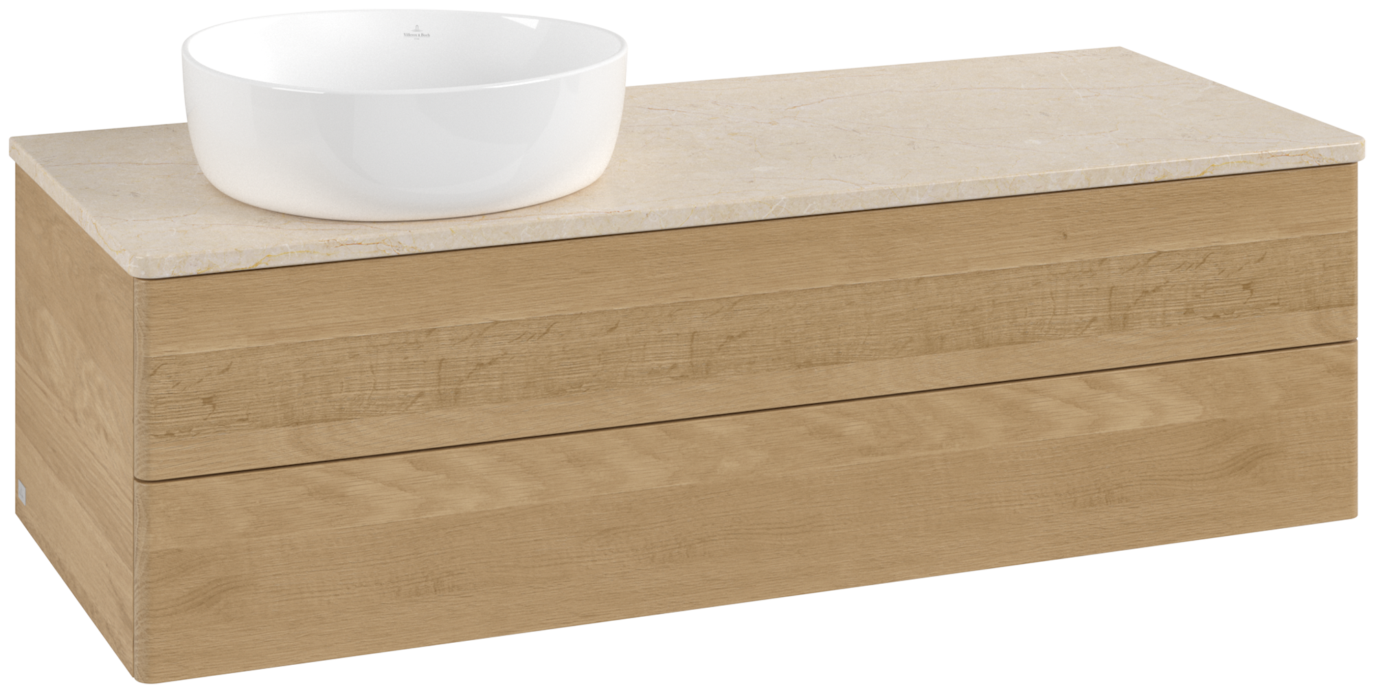 Villeroy & Boch Antao Meuble sous plan, 2 tiroirs sur rails, 1200x360x500mm, Façade sans structure, Caisson: Honey Oak, Façade: Honey Oak, Plaque de recouvrement: Botticino