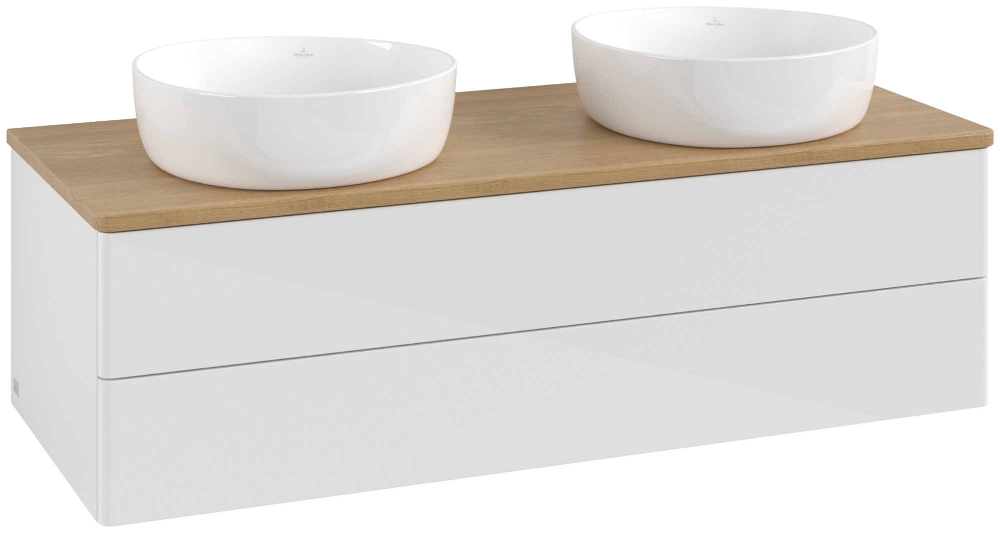 Villeroy & Boch Antao Skab, 2 udtræk, 1200x360x500mm, Forside uden årestruktur, Korpus: Glossy White Lacquer, Front: Glossy White Lacquer, Afdækningsplade: Honey Oak
