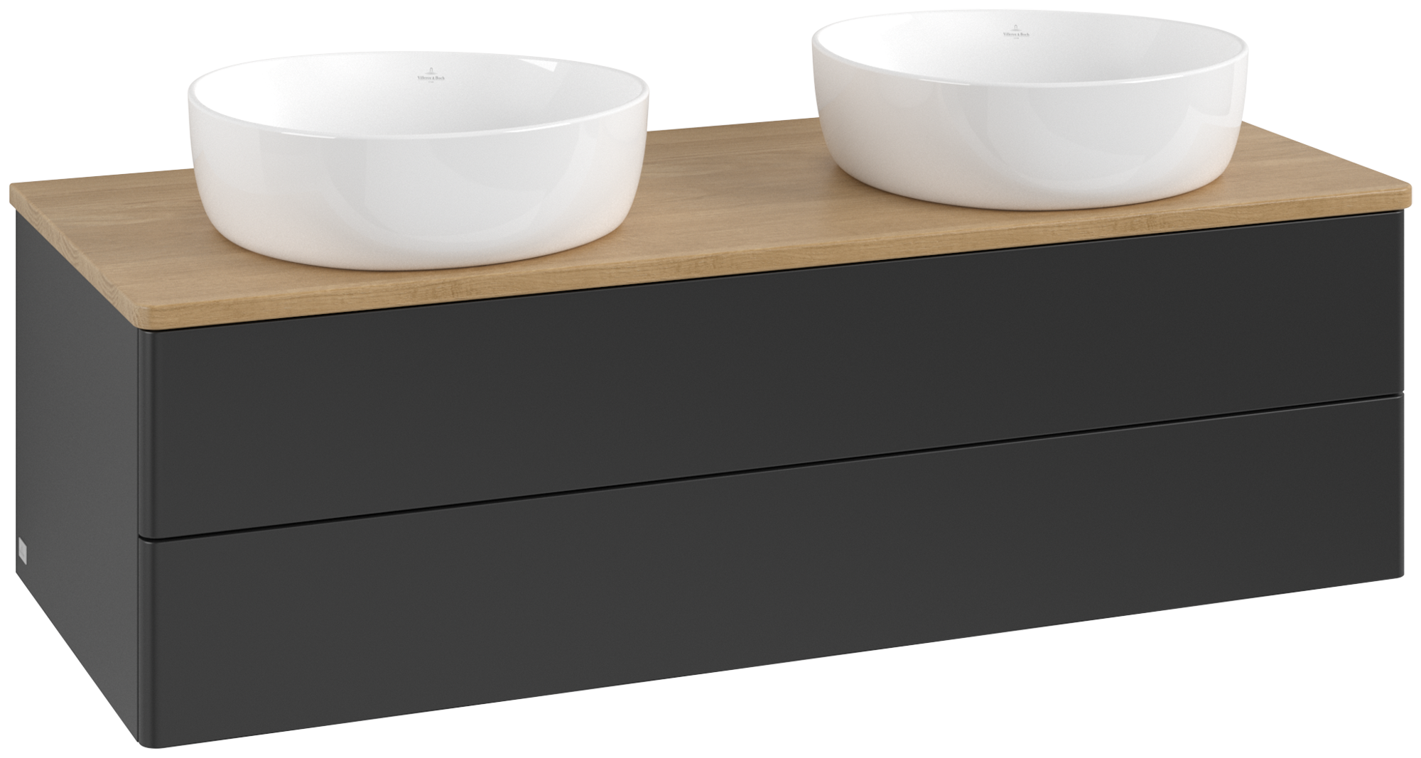 Villeroy & Boch Antao Skåp till tvättställ, 2 utdragbara fack, 1200x360x500mm, Framsidan utan kornig struktur, Kropp: Black Matt Lacquer, Framsida: Black Matt Lacquer, Täckplatta: Honey Oak