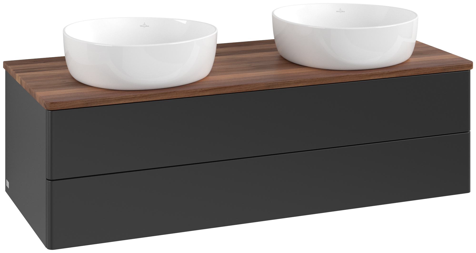 Villeroy & Boch Antao Skåp till tvättställ, 2 utdragbara fack, 1200x360x500mm, Framsidan utan kornig struktur, Kropp: Black Matt Lacquer, Framsida: Black Matt Lacquer, Täckplatta: Warm Walnut