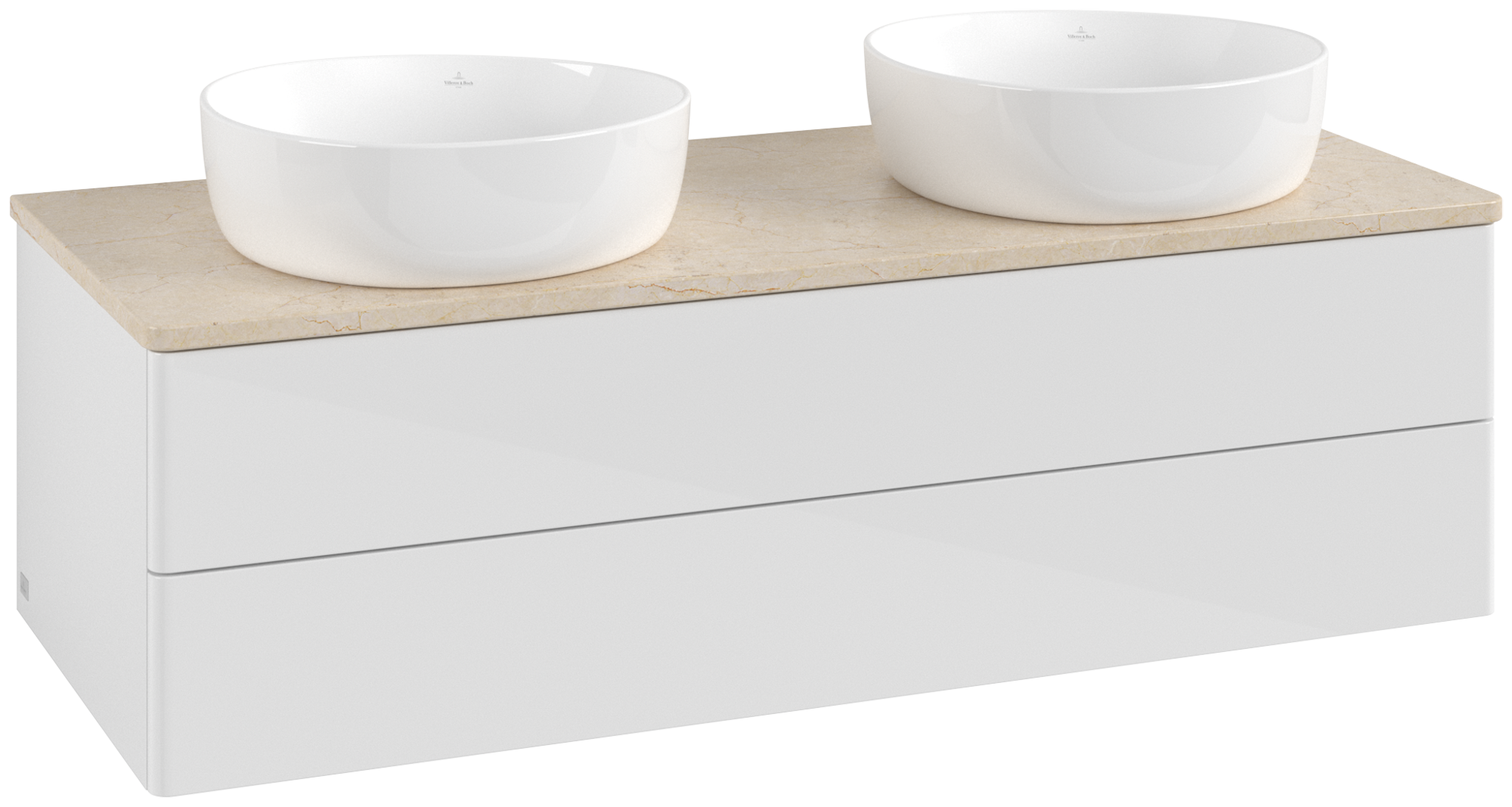 Villeroy & Boch Antao Skab, 2 udtræk, 1200x360x500mm, Forside uden årestruktur, Korpus: Glossy White Lacquer, Front: Glossy White Lacquer, Afdækningsplade: Botticino