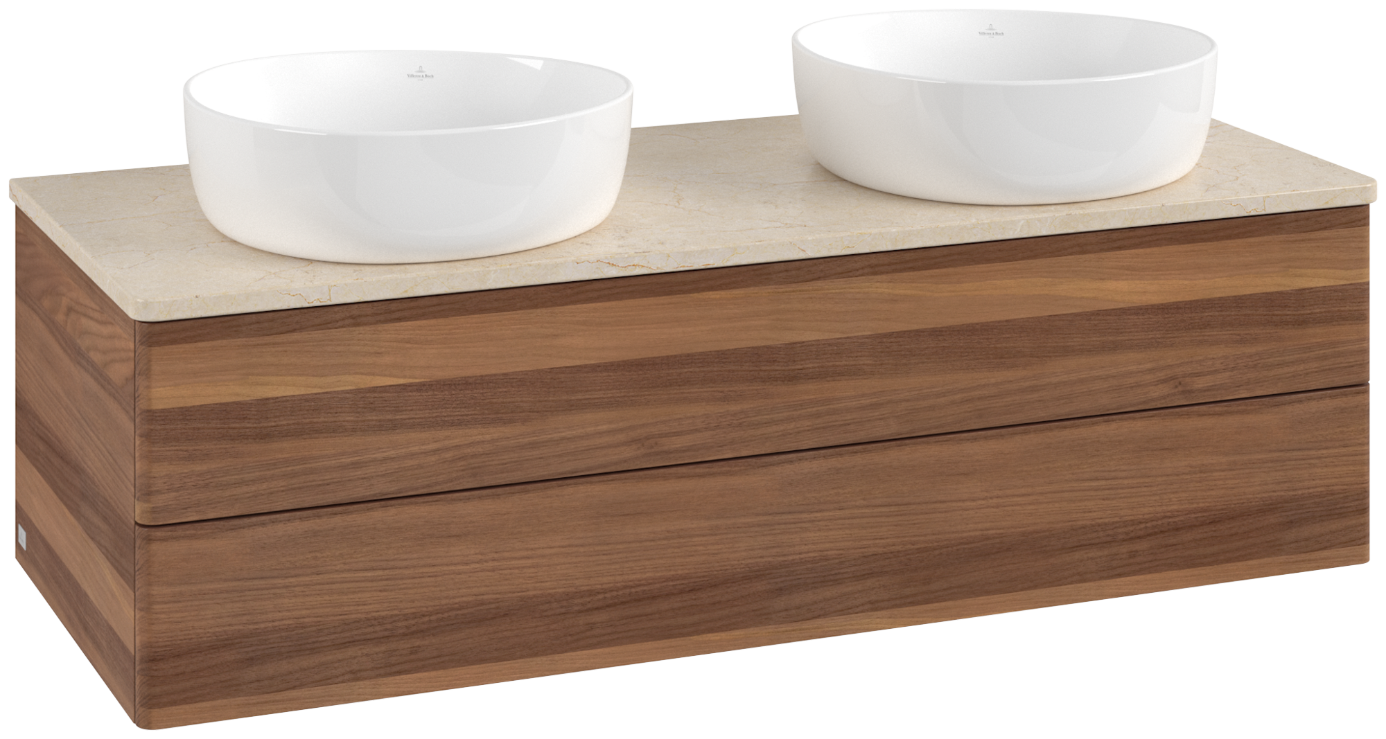 Villeroy & Boch Antao Skåp till tvättställ, 2 utdragbara fack, 1200x360x500mm, Framsidan utan kornig struktur, Kropp: Warm Walnut, Framsida: Warm Walnut, Täckplatta: Botticino