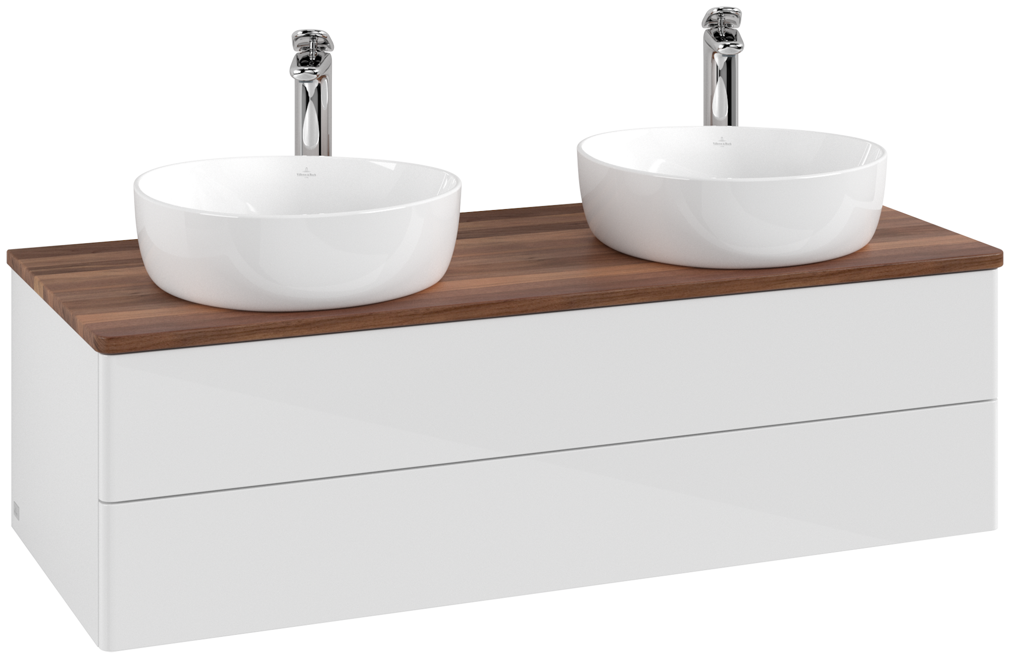 Villeroy & Boch Antao Skab, 2 udtræk, 1200x360x500mm, Forside uden årestruktur, Korpus: Glossy White Lacquer, Front: Glossy White Lacquer, Afdækningsplade: Warm Walnut