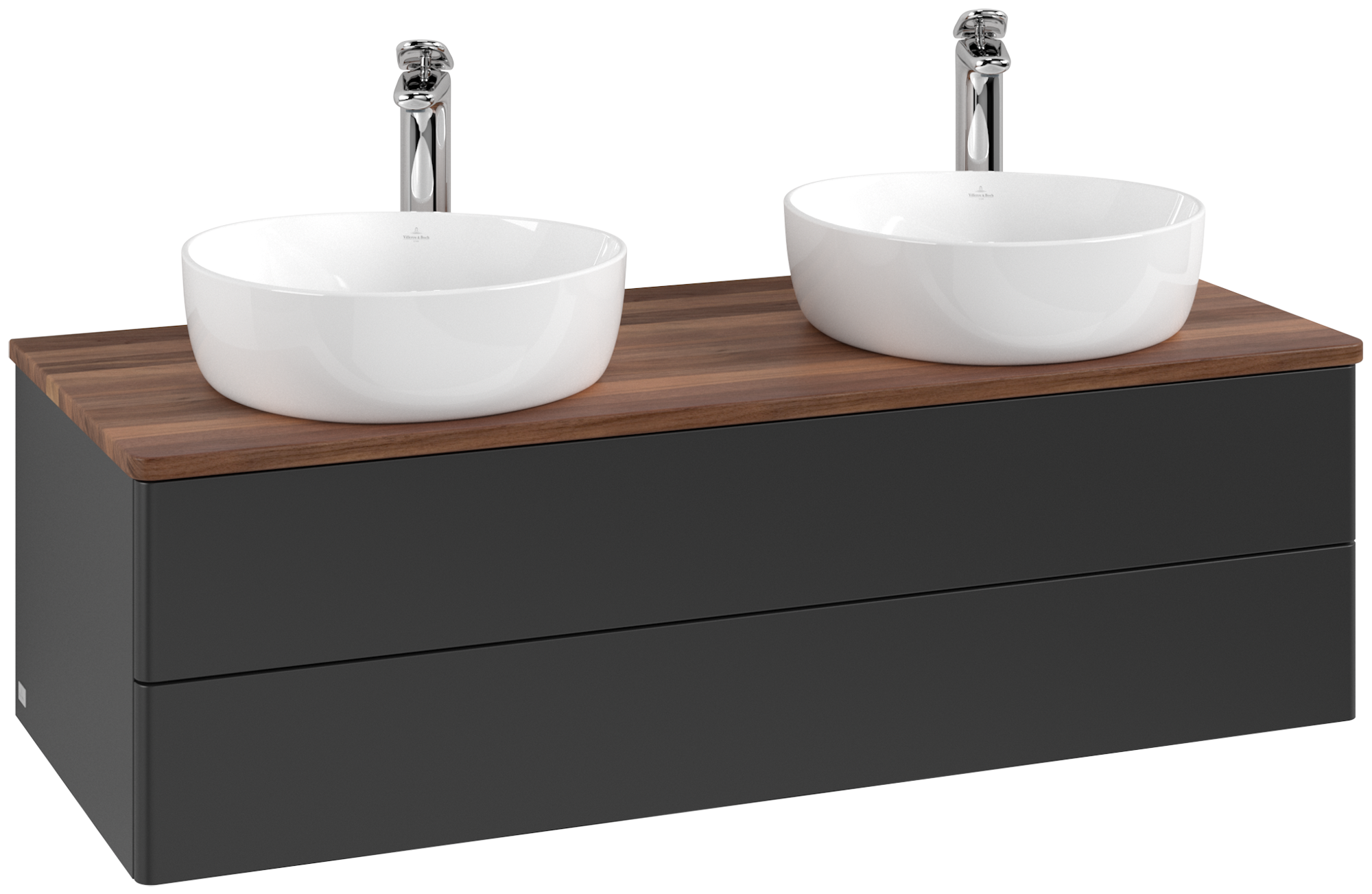 Villeroy & Boch Antao Skåp till tvättställ, 2 utdragbara fack, 1200x360x500mm, Framsidan utan kornig struktur, Kropp: Black Matt Lacquer, Framsida: Black Matt Lacquer, Täckplatta: Warm Walnut