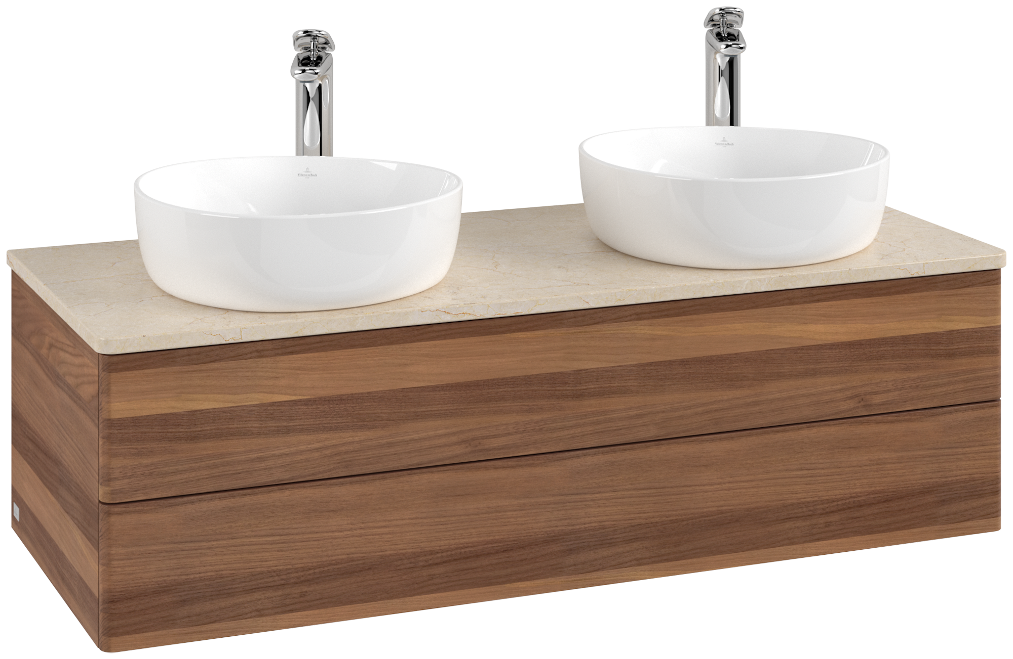 Villeroy & Boch Antao Skåp till tvättställ, 2 utdragbara fack, 1200x360x500mm, Framsidan utan kornig struktur, Kropp: Warm Walnut, Framsida: Warm Walnut, Täckplatta: Botticino