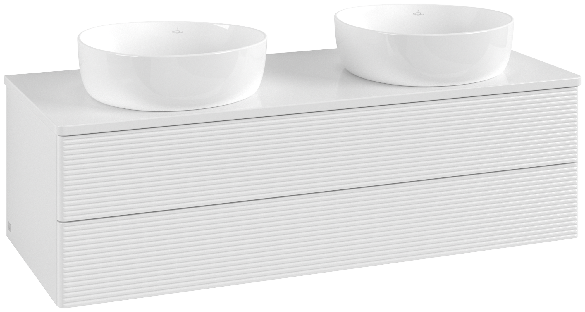 Villeroy & Boch Antao Skab, 2 udtræk, 1200x360x500mm, Forside med årestruktur, Korpus: Glossy White Lacquer, Front: Glossy White Lacquer, Afdækningsplade: Glossy White Lacquer