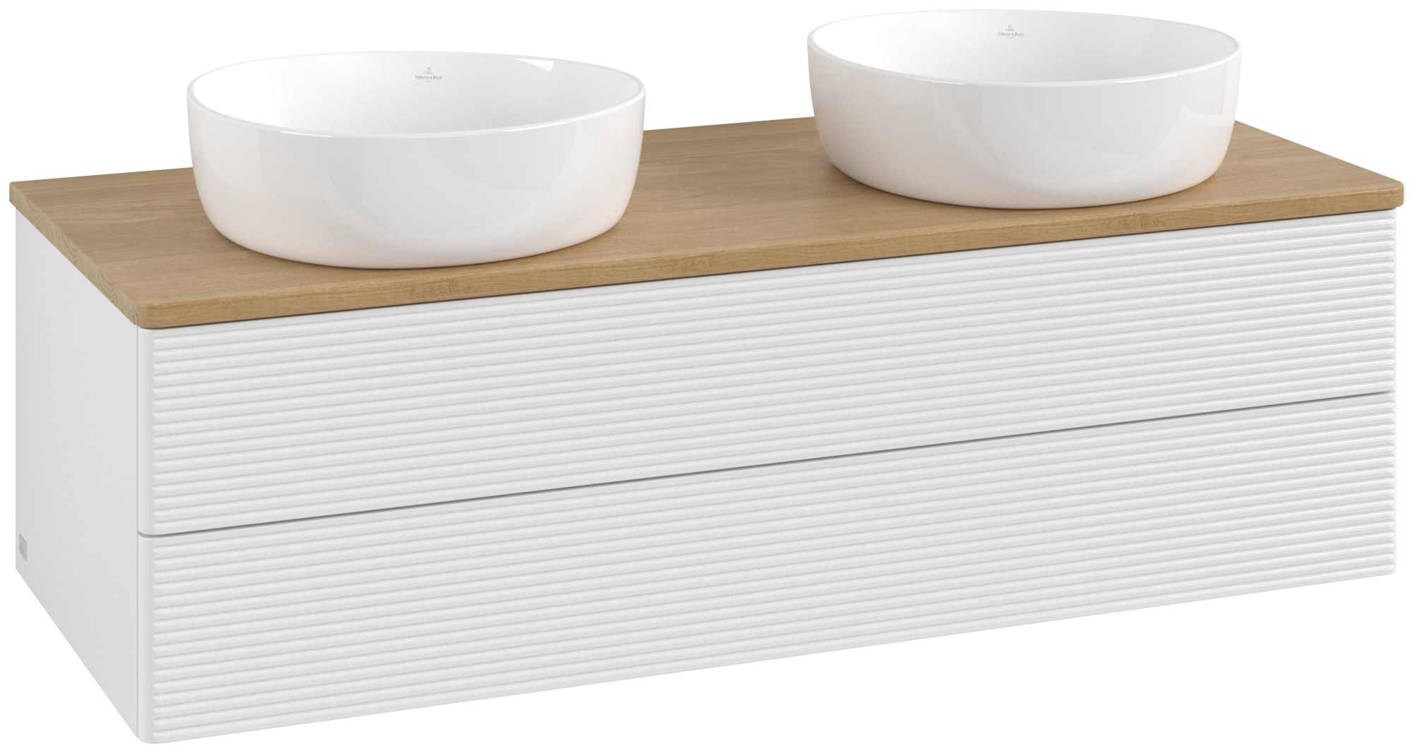 Villeroy & Boch Antao Skab, 2 udtræk, 1200x360x500mm, Forside med årestruktur, Korpus: Glossy White Lacquer, Front: Glossy White Lacquer, Afdækningsplade: Honey Oak