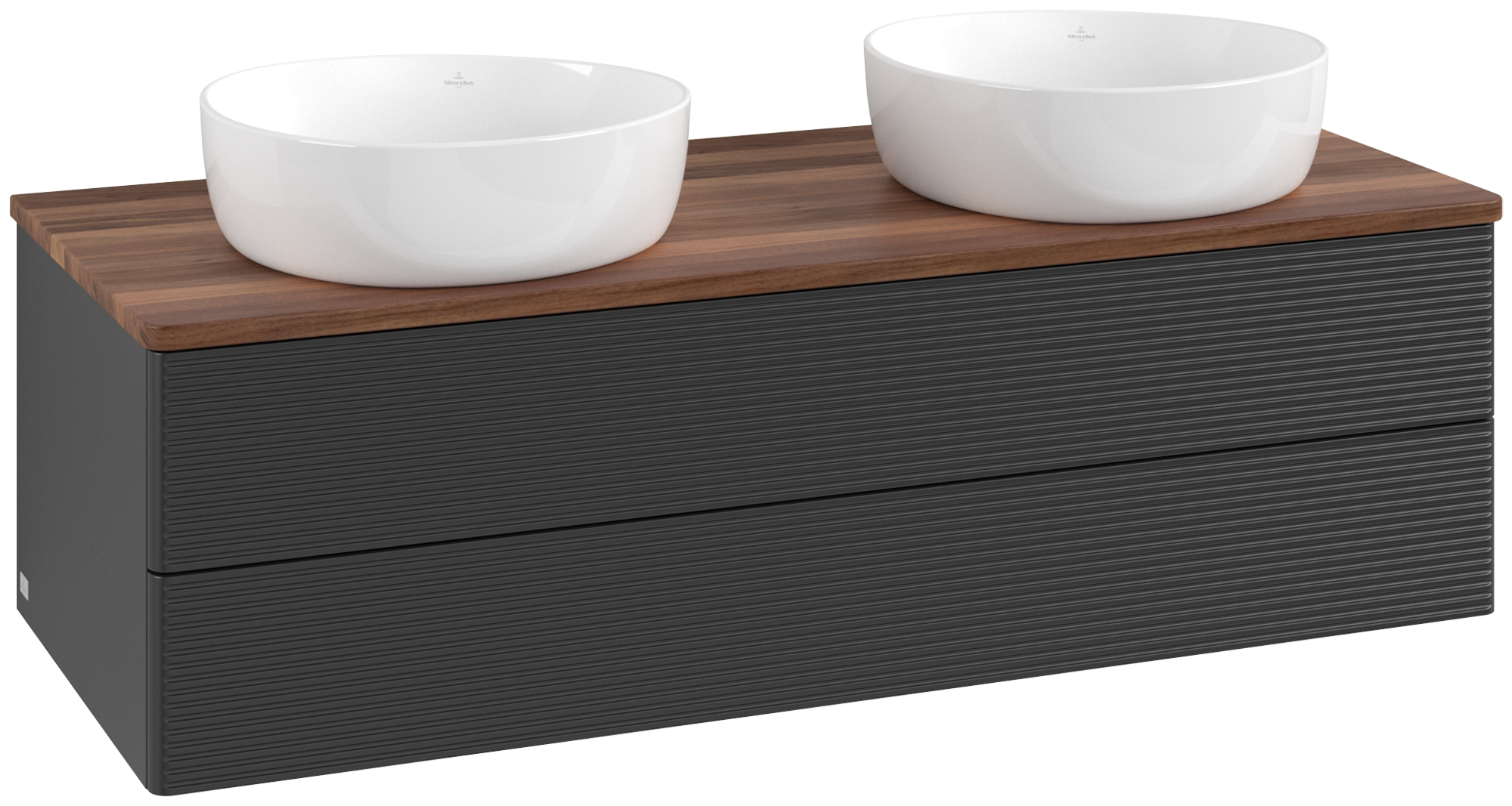 Villeroy & Boch Antao Skåp till tvättställ, 2 utdragbara fack, 1200x360x500mm, Framsida med grynig textur, Kropp: Black Matt Lacquer, Framsida: Black Matt Lacquer, Täckplatta: Warm Walnut