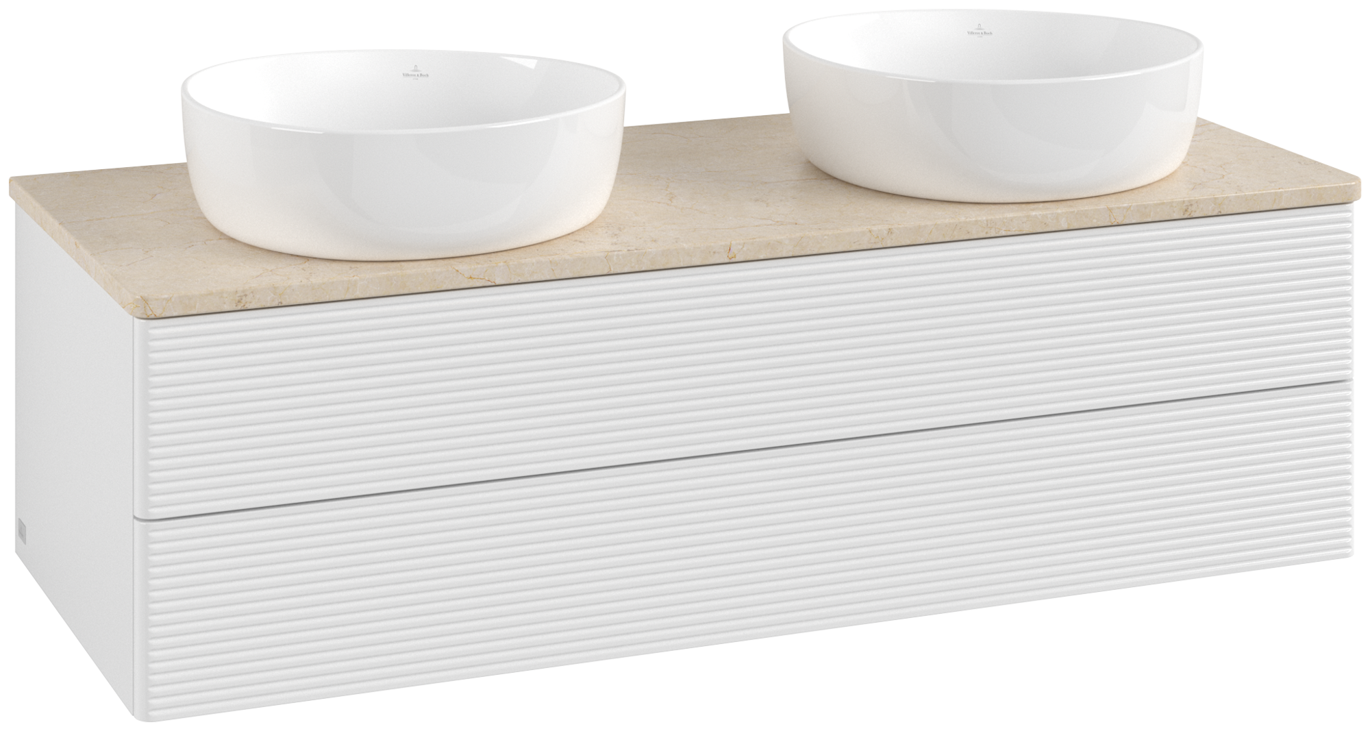Villeroy & Boch Antao Skab, 2 udtræk, 1200x360x500mm, Forside med årestruktur, Korpus: Glossy White Lacquer, Front: Glossy White Lacquer, Afdækningsplade: Botticino