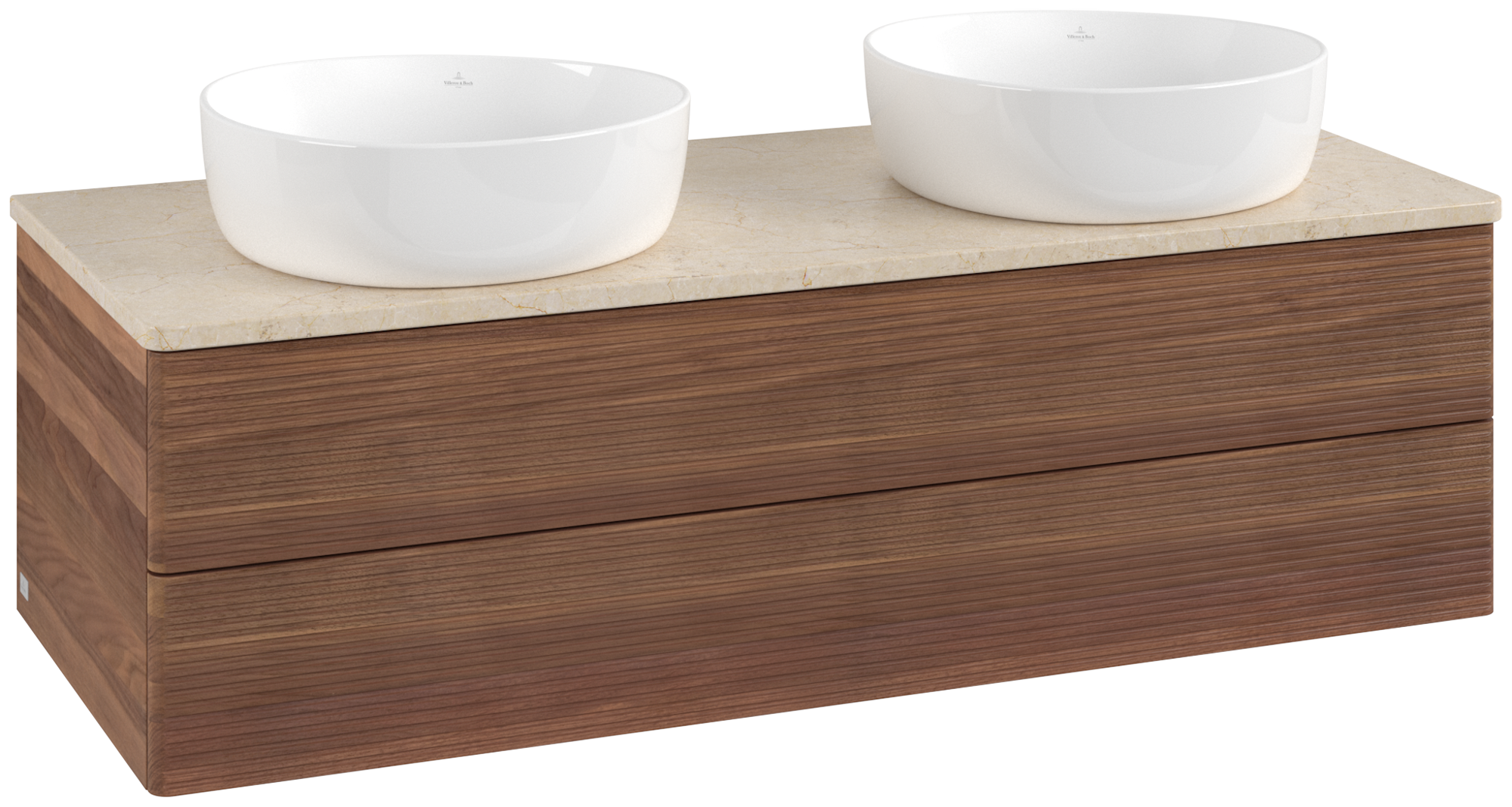 Villeroy & Boch Antao Skåp till tvättställ, 2 utdragbara fack, 1200x360x500mm, Framsida med grynig textur, Kropp: Warm Walnut, Framsida: Warm Walnut, Täckplatta: Botticino