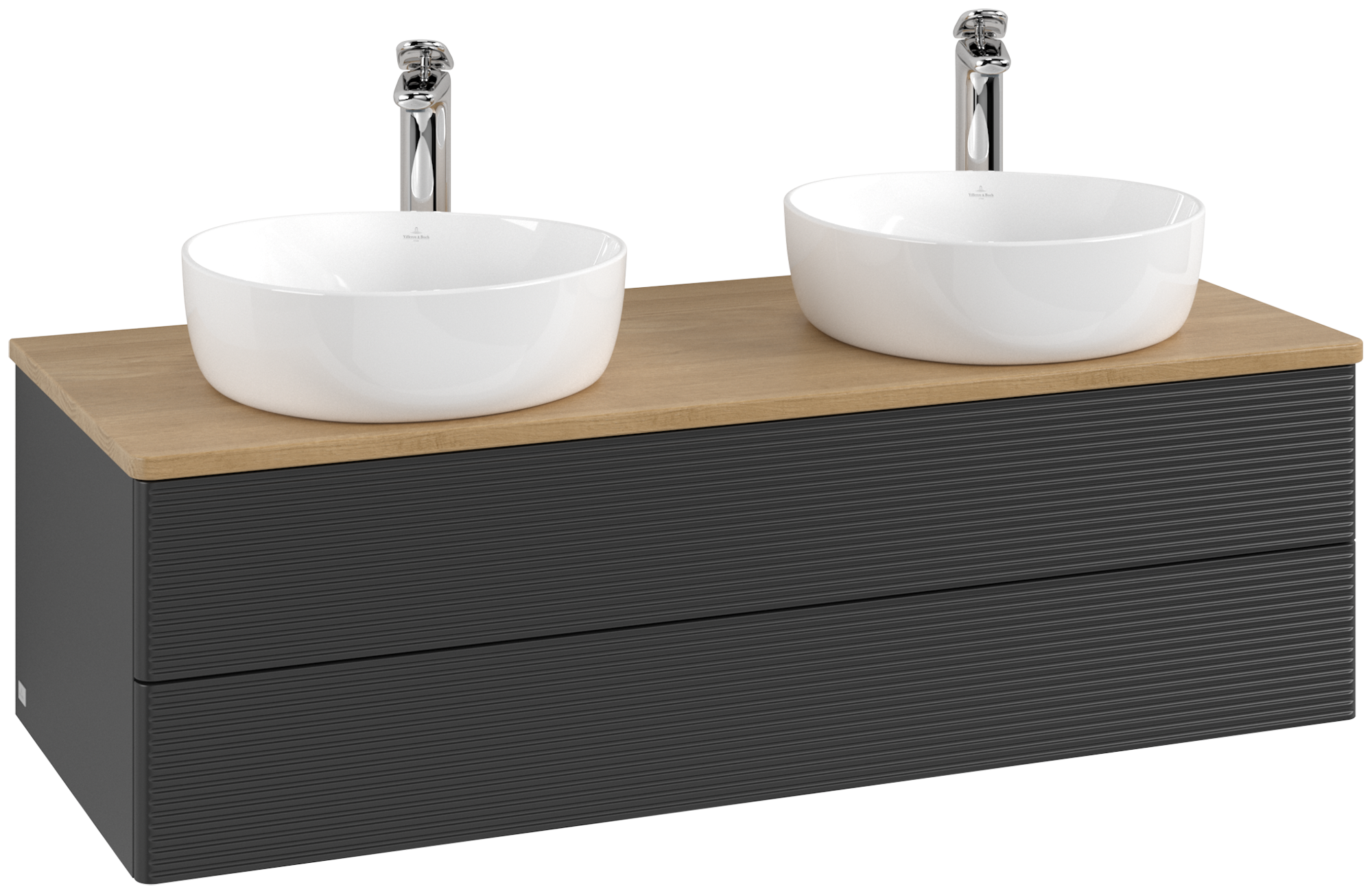 Villeroy & Boch Antao Skåp till tvättställ, 2 utdragbara fack, 1200x360x500mm, Framsida med grynig textur, Kropp: Black Matt Lacquer, Framsida: Black Matt Lacquer, Täckplatta: Honey Oak