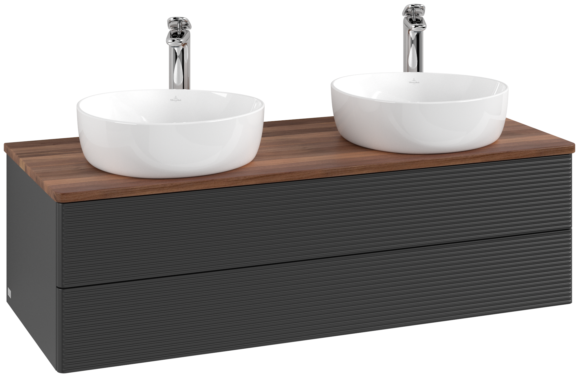 Villeroy & Boch Antao Skåp till tvättställ, 2 utdragbara fack, 1200x360x500mm, Framsida med grynig textur, Kropp: Black Matt Lacquer, Framsida: Black Matt Lacquer, Täckplatta: Warm Walnut