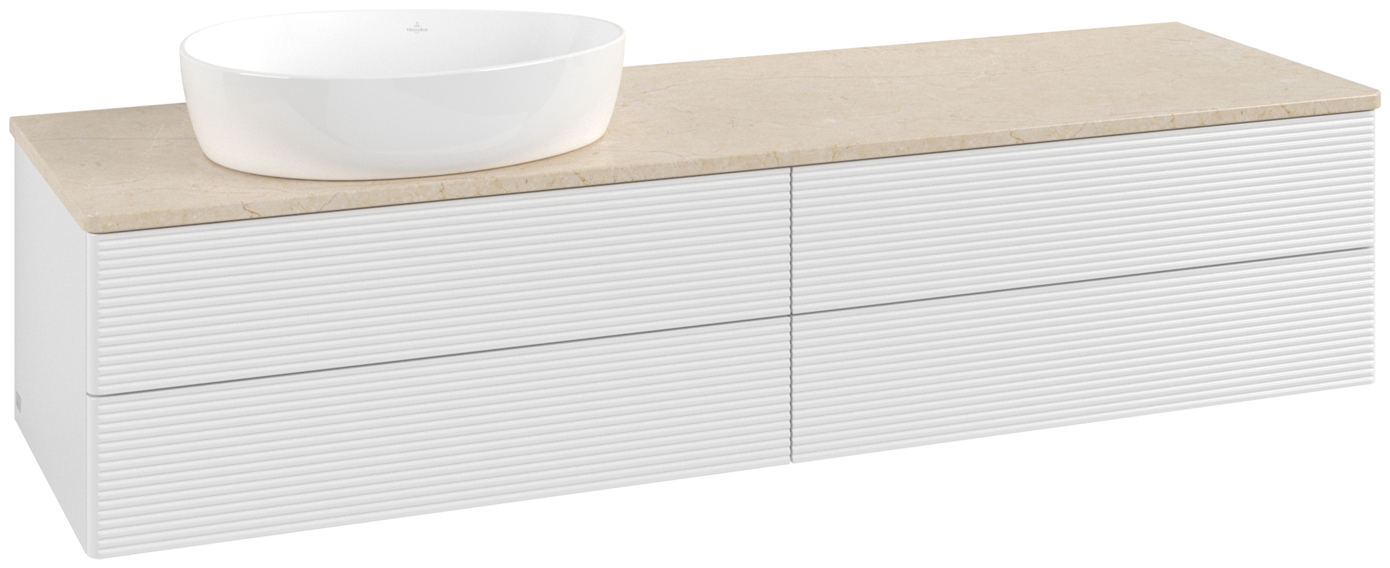 Villeroy & Boch Antao Vanity unit, 4 pull-out compartments, 1600x360x500mm, Front with grain texture, Body: Glossy White Lacquer, Front: Glossy White Lacquer, Cover plate: Botticino