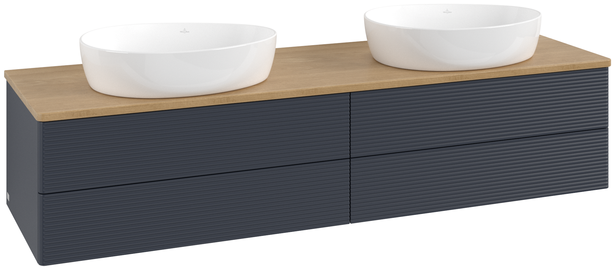 Villeroy & Boch Antao Waschbeckenunterschrank, 4 Auszüge, 1600x360x500mm, Front mit Struktur, Korpus: Midnight Blue Matt Lacquer, Front: Midnight Blue Matt Lacquer, Abdeckplatte: Honey Oak