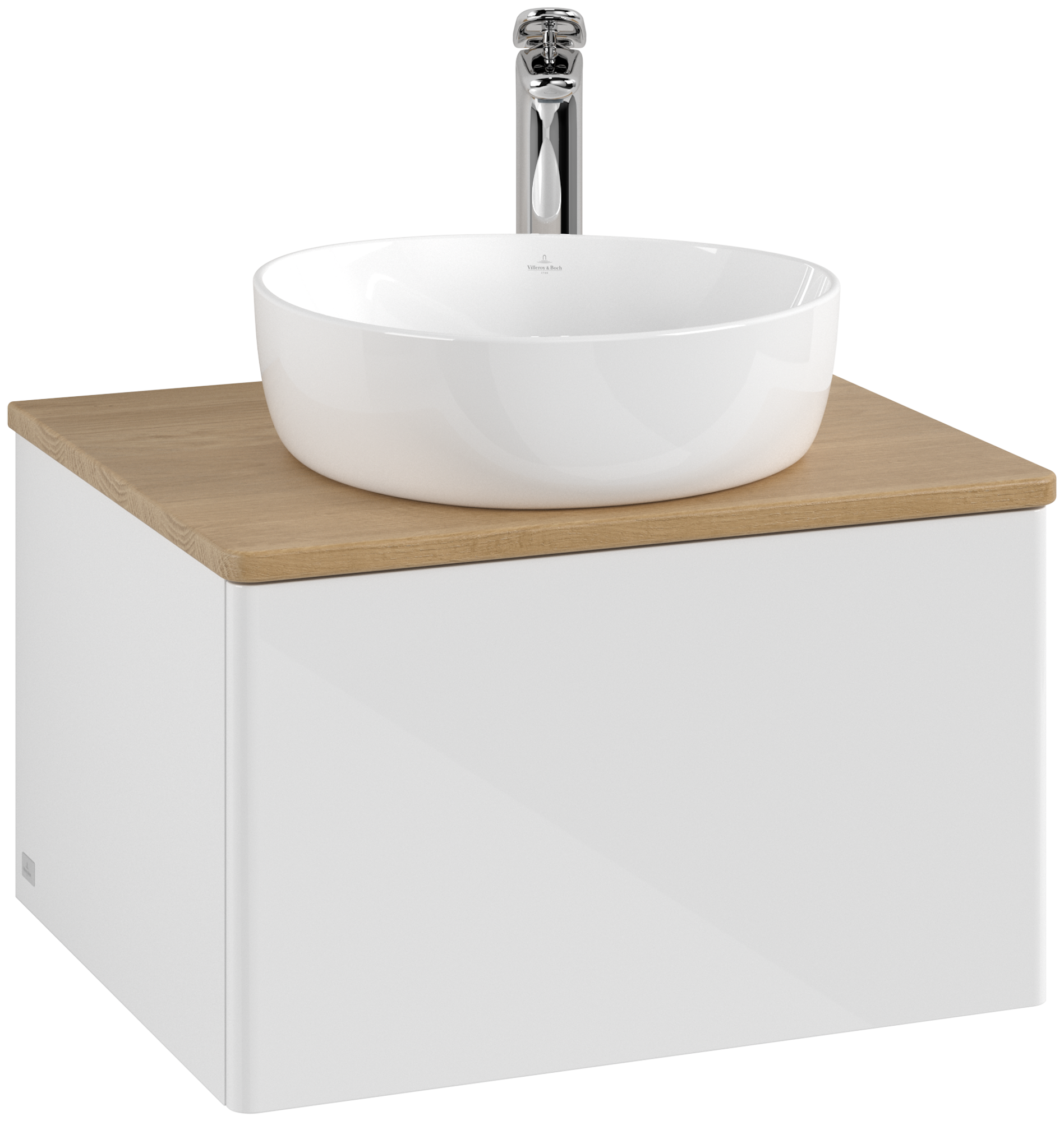 Villeroy & Boch Antao Waschbeckenunterschrank, 1 Auszug, 600x360x500mm, Front ohne Struktur, Korpus: Glossy White Lacquer, Front: Glossy White Lacquer, Abdeckplatte: Honey Oak