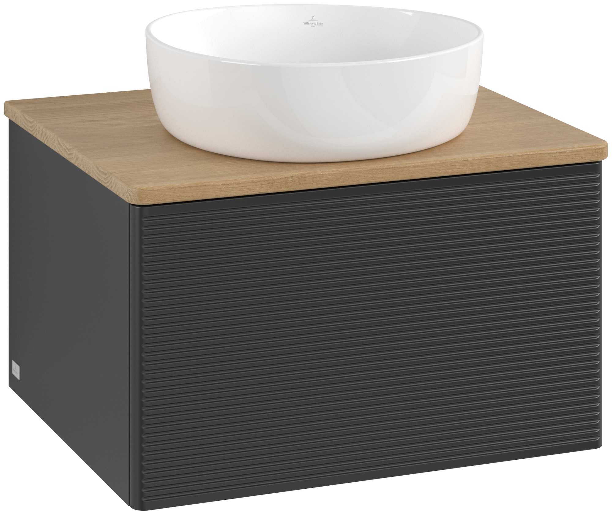 Villeroy & Boch Antao Waschbeckenunterschrank, 1 Auszug, 600x360x500mm, Front mit Struktur, Korpus: Black Matt Lacquer, Front: Black Matt Lacquer, Abdeckplatte: Honey Oak