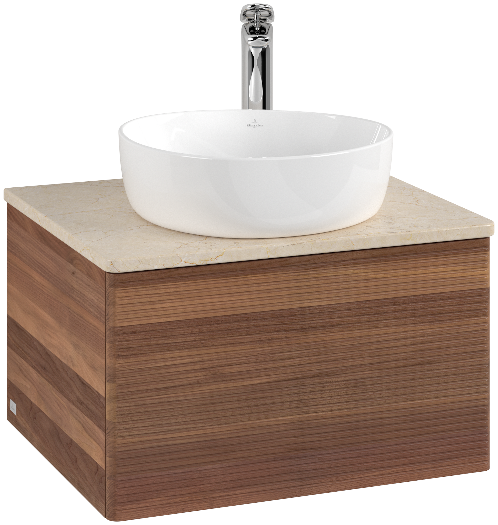 Villeroy & Boch Antao Waschbeckenunterschrank, 1 Auszug, 600x360x500mm, Front mit Struktur, Korpus: Warm Walnut, Front: Warm Walnut, Abdeckplatte: Botticino