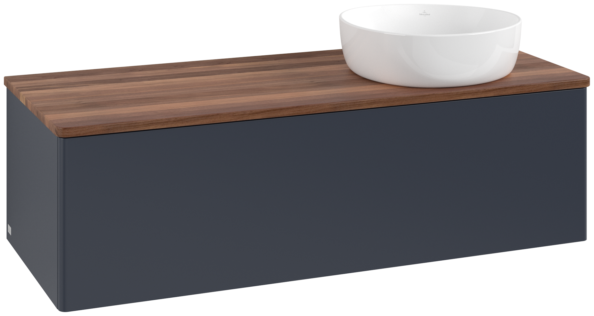 Villeroy & Boch Antao Modulo bajo, 1 compartimento extraíble, 1200x360x500mm, sin textura granulada en la parte delantera, Cuerpo: Midnight Blue Matt Lacquer, Frontal: Midnight Blue Matt Lacquer, Placa de cubierta: Warm Walnut