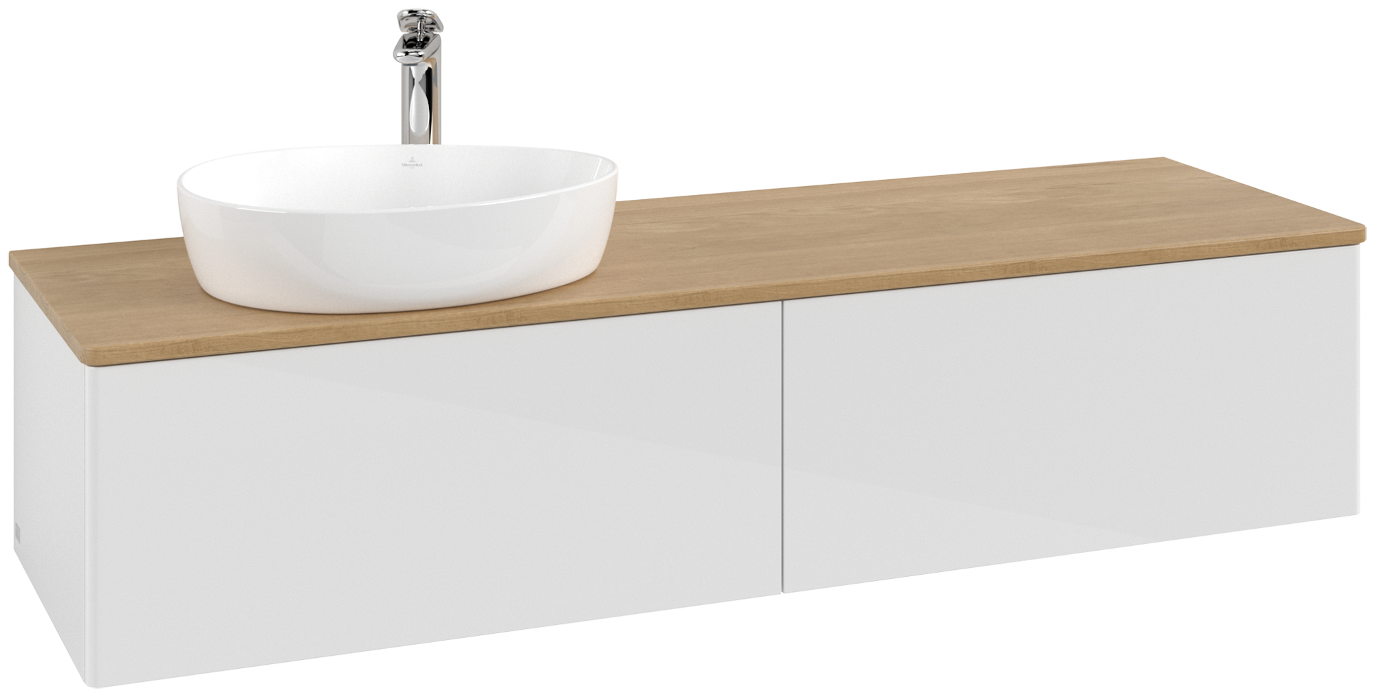 Villeroy & Boch Antao Waschbeckenunterschrank, 2 Auszüge, 1600x360x500mm, Front ohne Struktur, Korpus: Glossy White Lacquer, Front: Glossy White Lacquer, Abdeckplatte: Honey Oak
