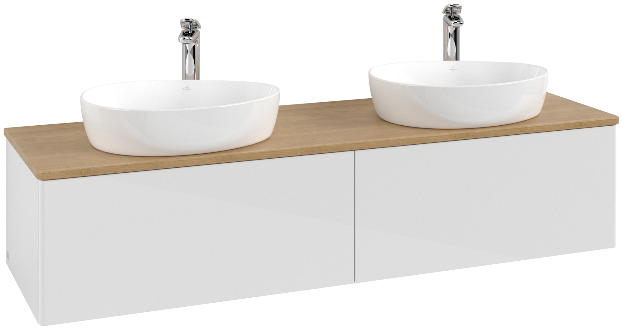Villeroy & Boch Antao Waschbeckenunterschrank, 2 Auszüge, 1600x360x500mm, Front ohne Struktur, Korpus: Glossy White Lacquer, Front: Glossy White Lacquer, Abdeckplatte: Honey Oak