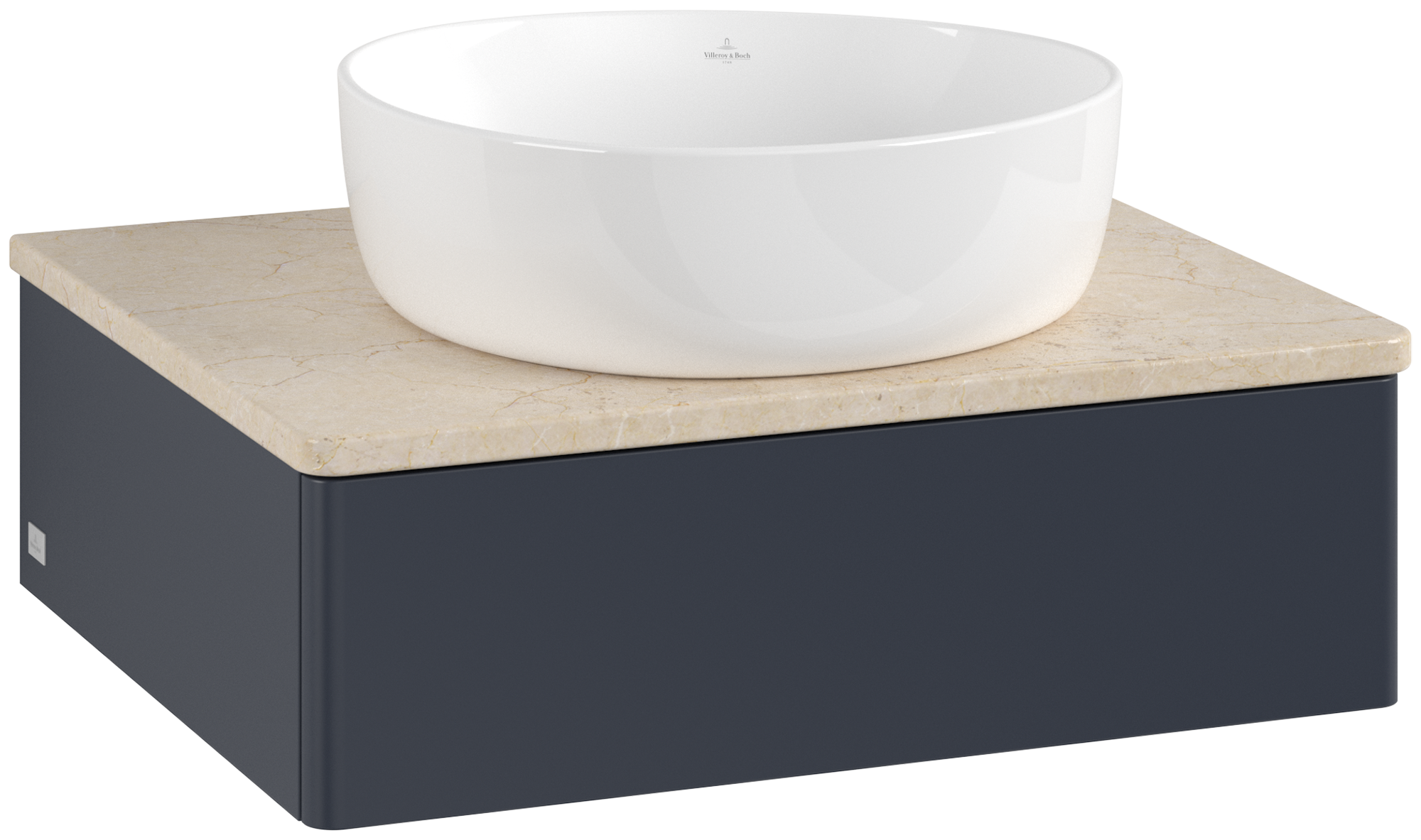 Villeroy & Boch Antao Modulo bajo, con iluminación, 1 compartimento extraíble, 600x190x500mm, sin textura granulada en la parte delantera, Cuerpo: Midnight Blue Matt Lacquer, Frontal: Midnight Blue Matt Lacquer, Placa de cubierta: Botticino