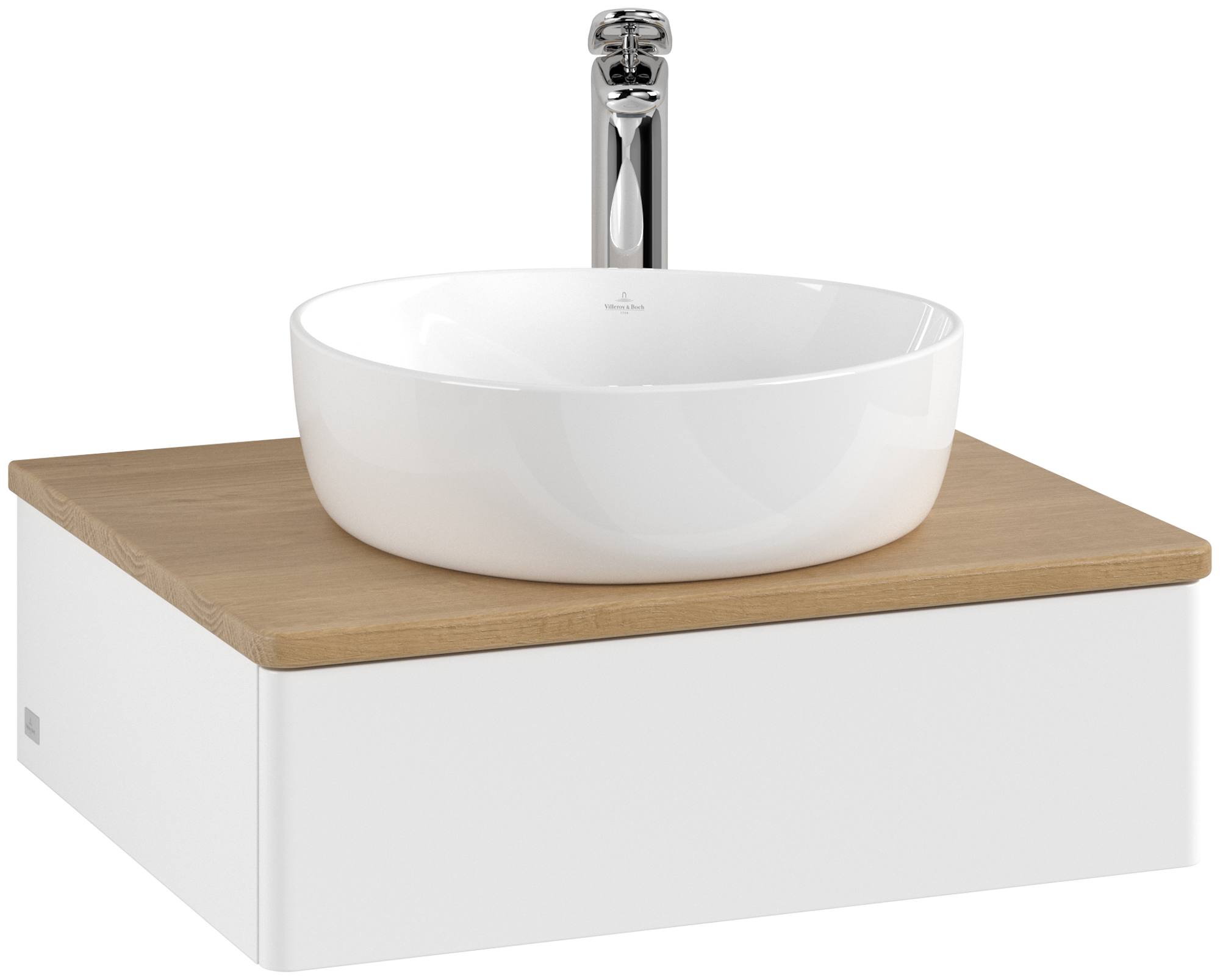 Villeroy & Boch Antao Waschbeckenunterschrank, mit Beleuchtung, 1 Auszug, 600x190x500mm, Front ohne Struktur, Korpus: White Matt Lacquer, Front: White Matt Lacquer, Abdeckplatte: Honey Oak