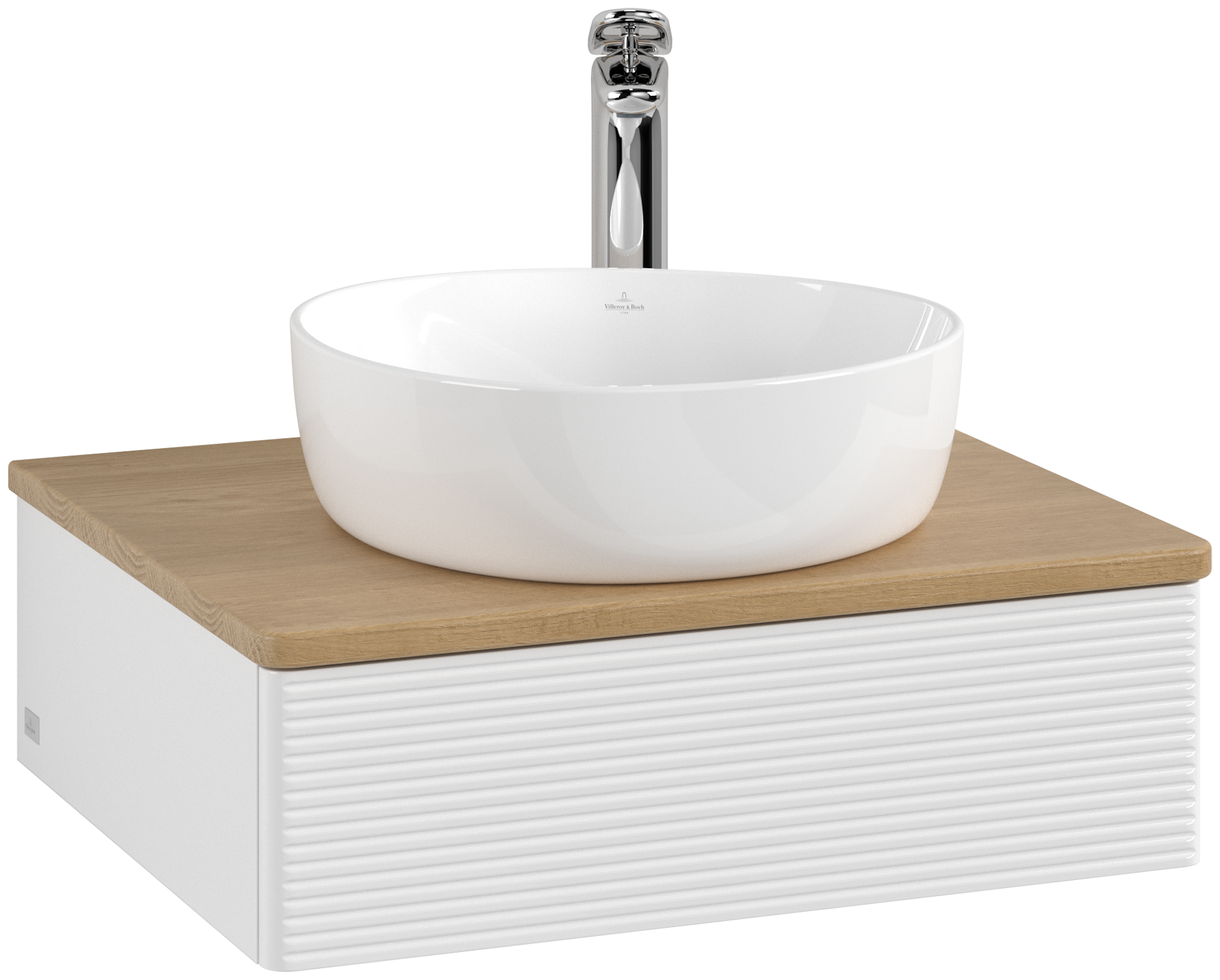 Villeroy & Boch Antao Vanity unit, with lighting, 1 pull-out compartment, 600x190x500mm, Front with grain texture, Body: Glossy White Lacquer, Front: Glossy White Lacquer, Cover plate: Honey Oak