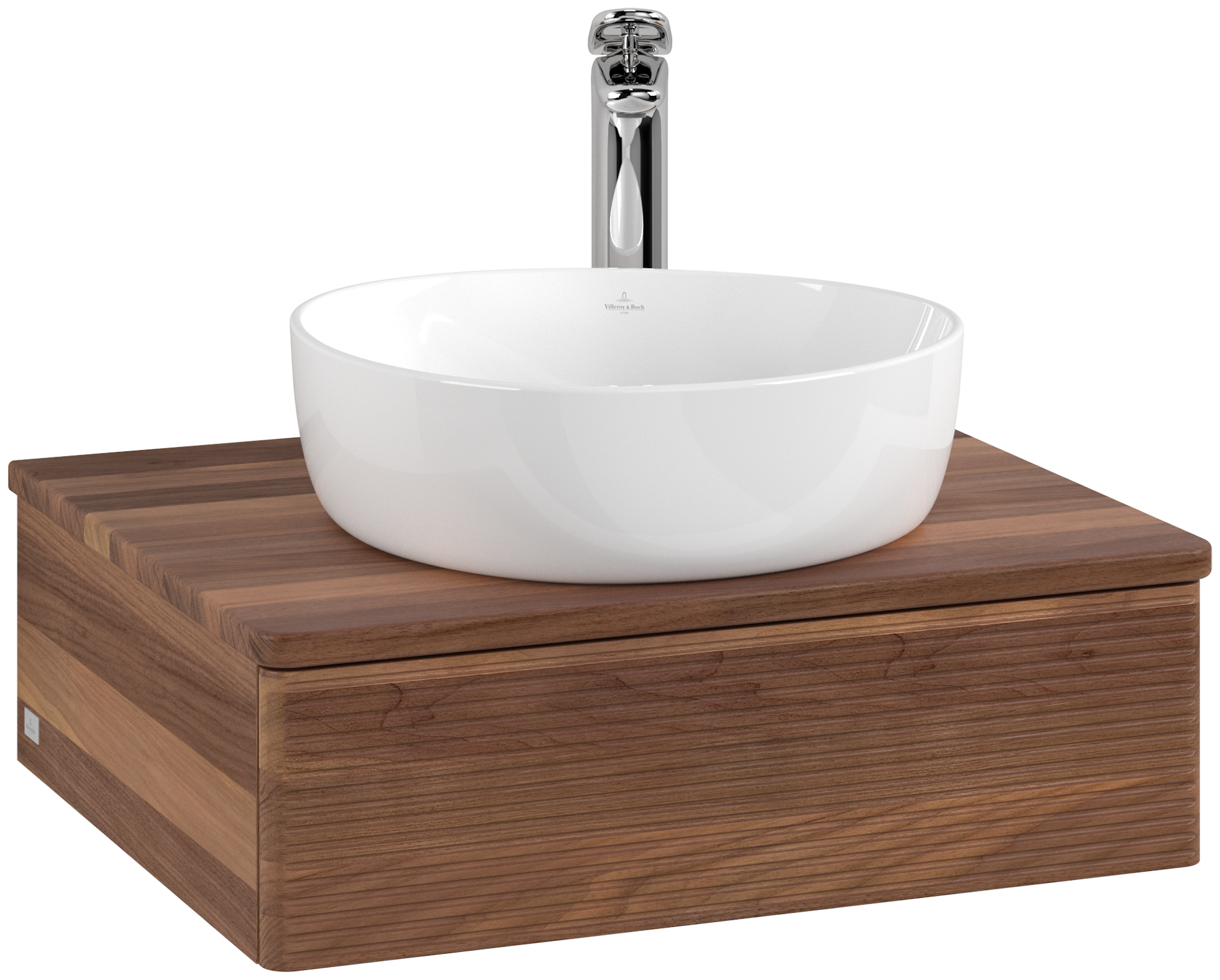 Villeroy & Boch Antao Waschbeckenunterschrank, mit Beleuchtung, 1 Auszug, 600x190x500mm, Front mit Struktur, Korpus: Warm Walnut, Front: Warm Walnut, Abdeckplatte: Warm Walnut