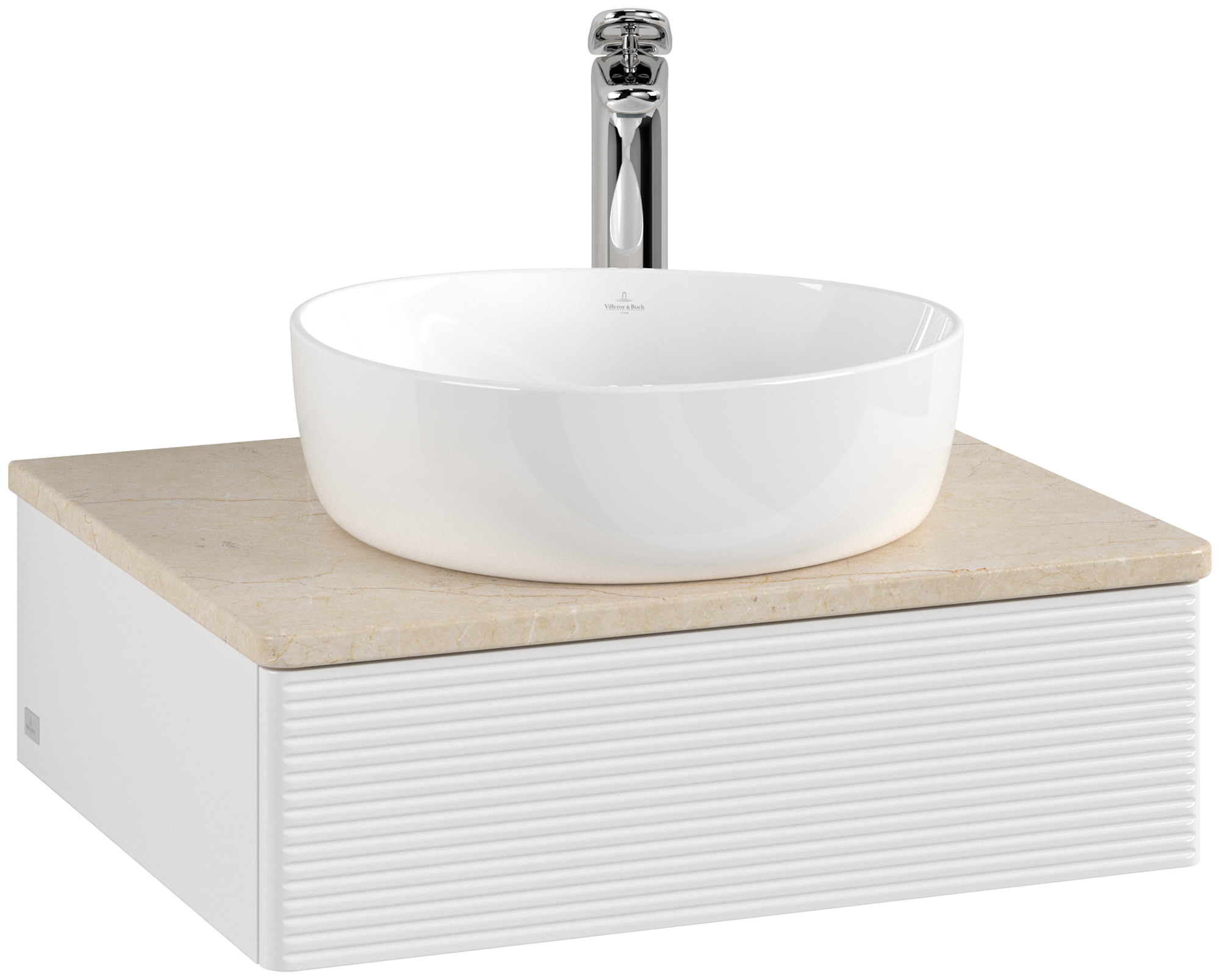Villeroy & Boch Antao Skåp till tvättställ, med belysning, 1 utdragbart fack, 600x190x500mm, Framsida med grynig textur, Kropp: Glossy White Lacquer, Framsida: Glossy White Lacquer, Täckplatta: Botticino
