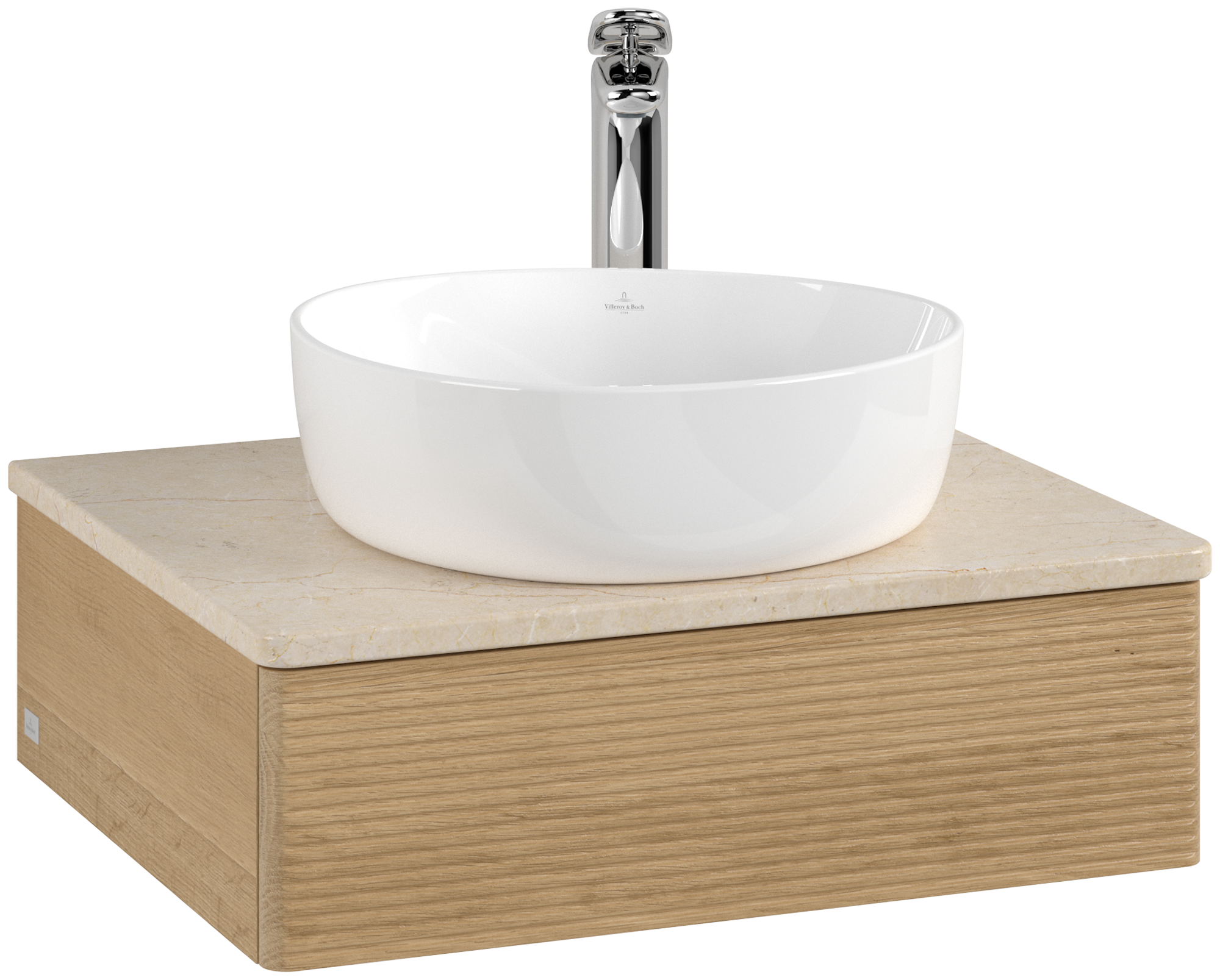 Villeroy & Boch Antao Waschbeckenunterschrank, mit Beleuchtung, 1 Auszug, 600x190x500mm, Front mit Struktur, Korpus: Honey Oak, Front: Honey Oak, Abdeckplatte: Botticino