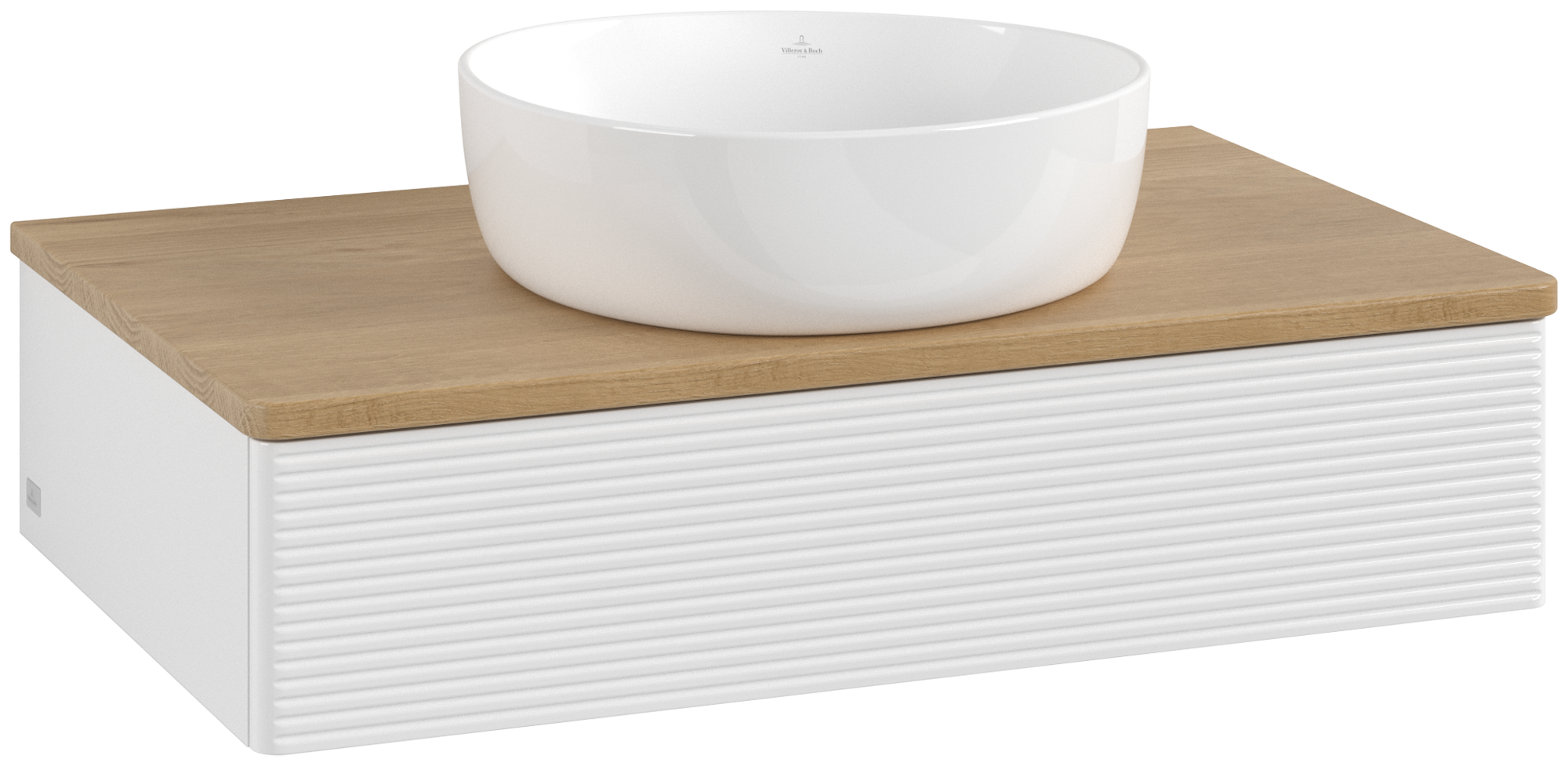 Villeroy & Boch Antao Waschbeckenunterschrank, mit Beleuchtung, 1 Auszug, 800x190x500mm, Front mit Struktur, Korpus: Glossy White Lacquer, Front: Glossy White Lacquer, Abdeckplatte: Honey Oak