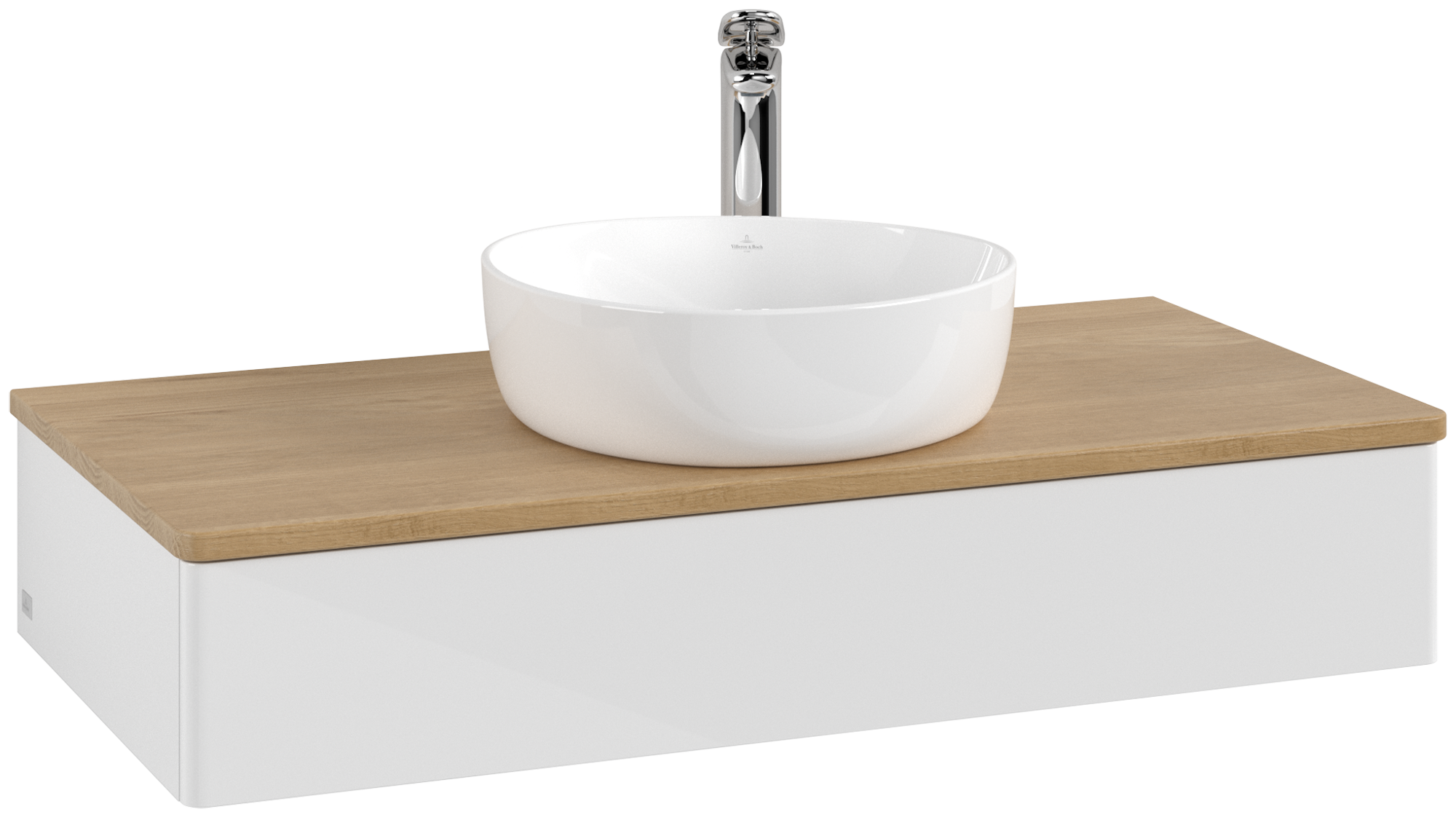 Villeroy & Boch Antao Waschbeckenunterschrank, mit Beleuchtung, 1 Auszug, 1000x190x500mm, Front ohne Struktur, Korpus: Glossy White Lacquer, Front: Glossy White Lacquer, Abdeckplatte: Honey Oak