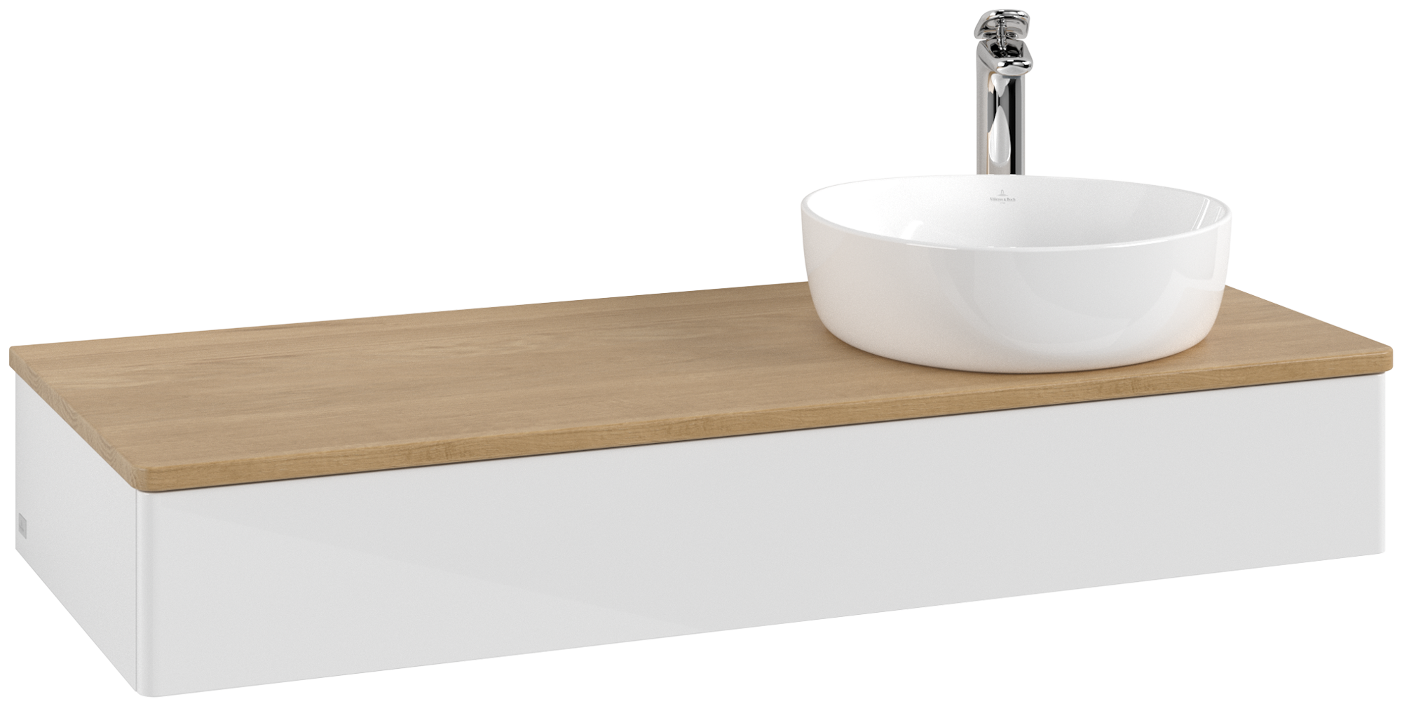 Villeroy & Boch Antao Waschbeckenunterschrank, mit Beleuchtung, 1 Auszug, 1200x190x500mm, Front ohne Struktur, Korpus: Glossy White Lacquer, Front: Glossy White Lacquer, Abdeckplatte: Honey Oak