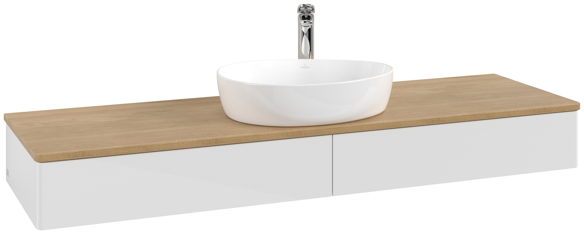 Villeroy & Boch Antao Waschbeckenunterschrank, mit Beleuchtung, 2 Auszüge, 1600x190x500mm, Front ohne Struktur, Korpus: Glossy White Lacquer, Front: Glossy White Lacquer, Abdeckplatte: Honey Oak