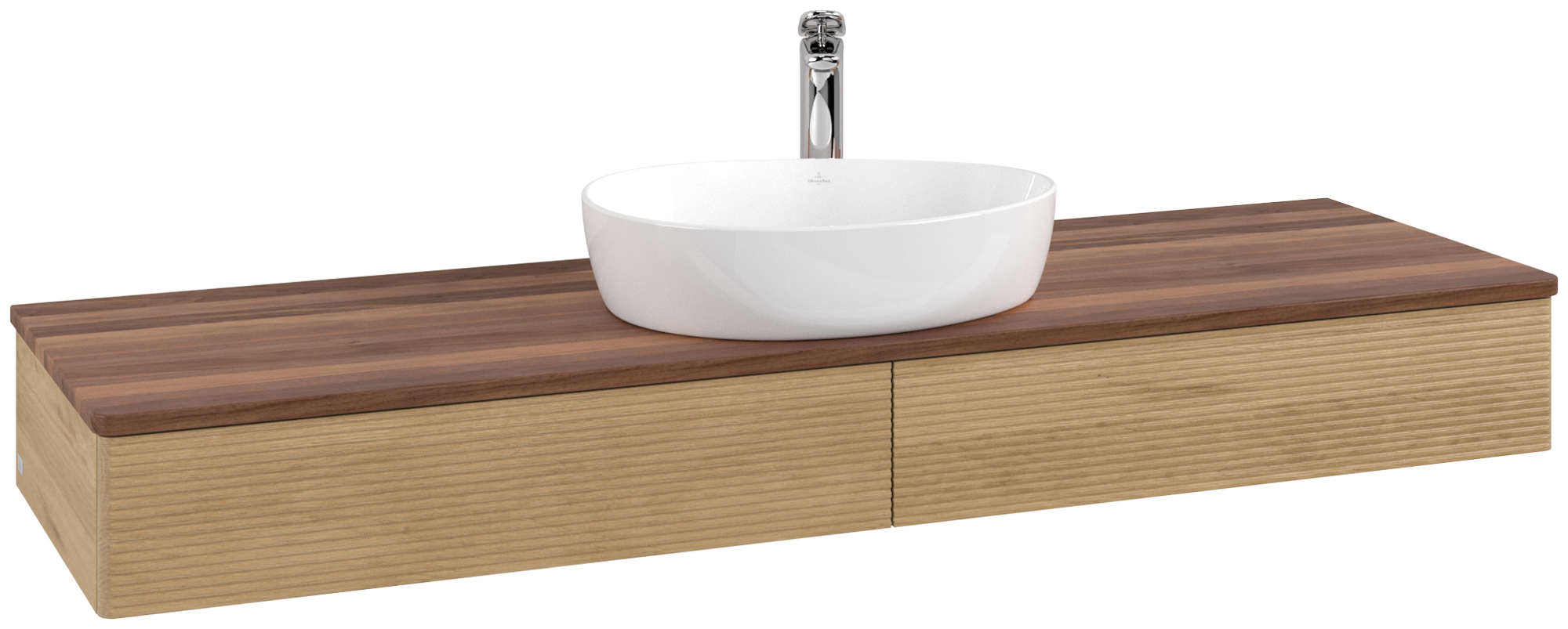 Villeroy & Boch Antao Vanity unit, with lighting, 2 pull-out compartments, 1600x190x500mm, Front with grain texture, Body: Honey Oak, Front: Honey Oak, Cover plate: Warm Walnut