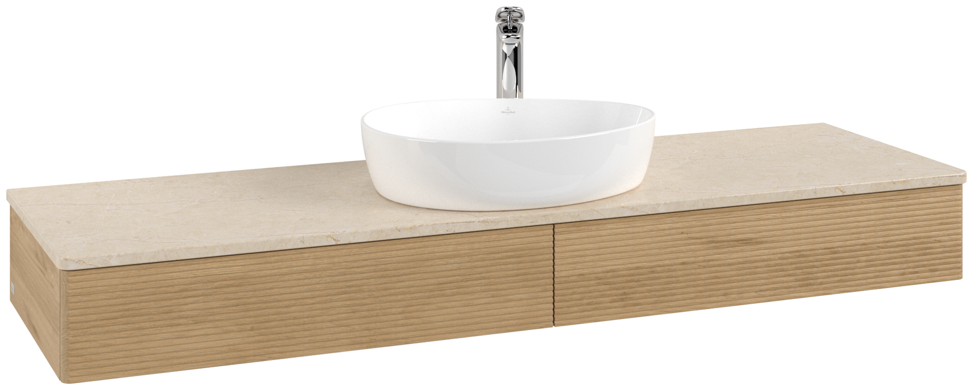 Villeroy & Boch Antao Vanity unit, with lighting, 2 pull-out compartments, 1600x190x500mm, Front with grain texture, Body: Honey Oak, Front: Honey Oak, Cover plate: Botticino