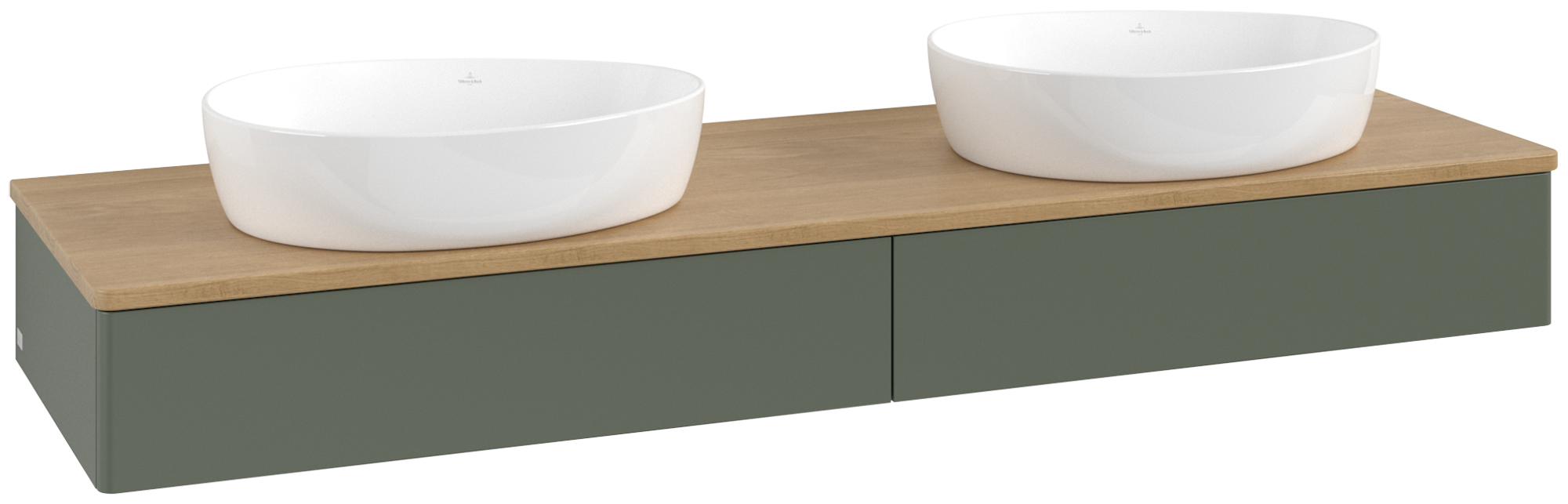 Villeroy & Boch Antao Vanity unit, with lighting, 2 pull-out compartments, 1600x190x500mm, Front without structure, Body: Leaf Green Matt Lacquer, Front: Leaf Green Matt Lacquer, Cover plate: Honey Oak