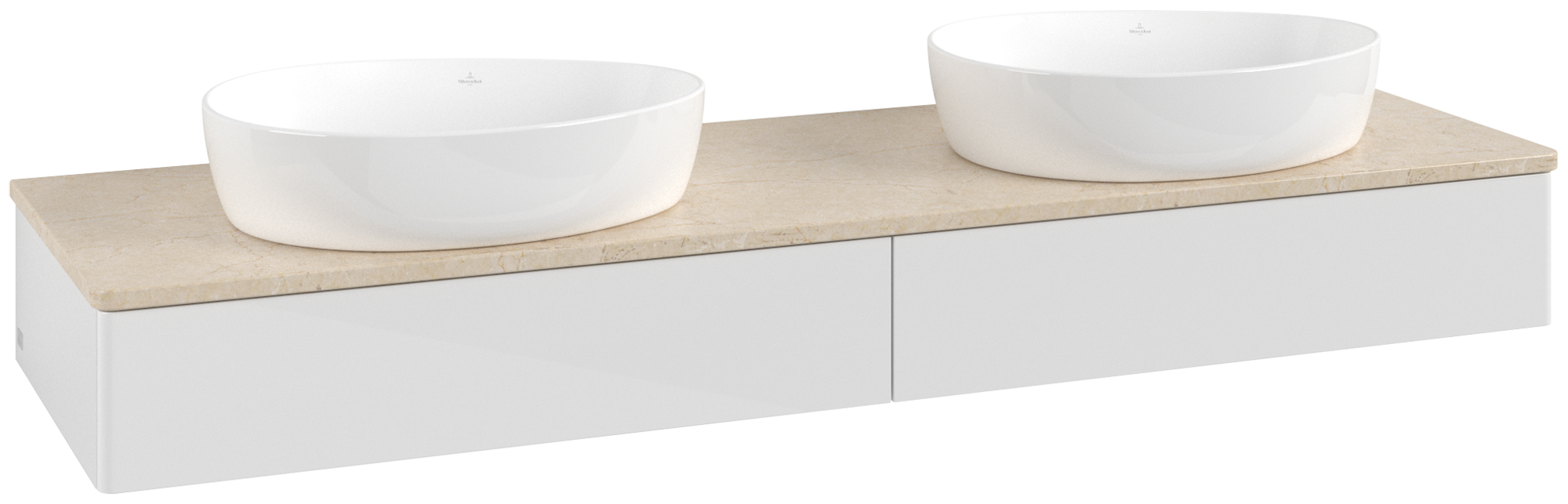 Villeroy & Boch Antao Vanity unit, with lighting, 2 pull-out compartments, 1600x190x500mm, Front without structure, Body: Glossy White Lacquer, Front: Glossy White Lacquer, Cover plate: Botticino