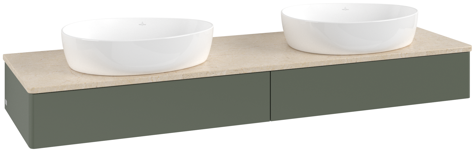 Villeroy & Boch Antao Vanity unit, with lighting, 2 pull-out compartments, 1600x190x500mm, Front without structure, Body: Leaf Green Matt Lacquer, Front: Leaf Green Matt Lacquer, Cover plate: Botticino