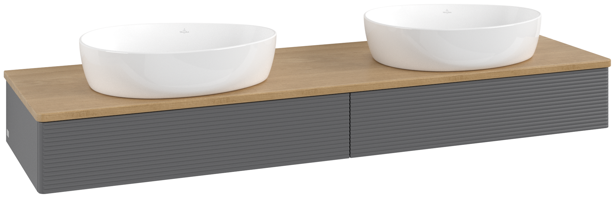 Villeroy & Boch Antao Vanity unit, with lighting, 2 pull-out compartments, 1600x190x500mm, Front with grain texture, Body: Anthracite Matt Lacquer, Front: Anthracite Matt Lacquer, Cover plate: Honey Oak