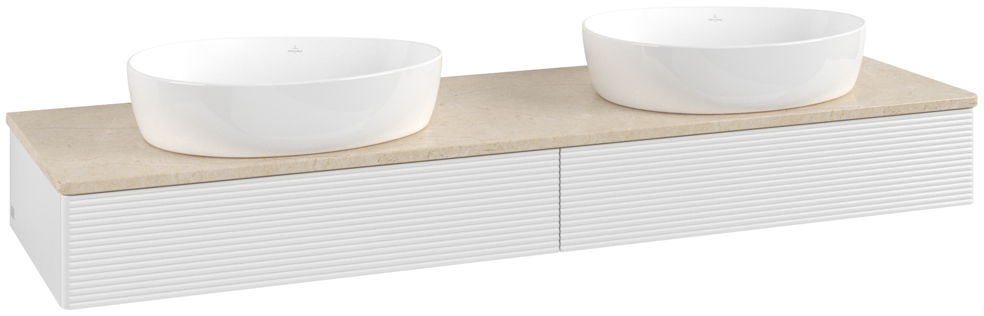 Villeroy & Boch Antao Vanity unit, with lighting, 2 pull-out compartments, 1600x190x500mm, Front with grain texture, Body: Glossy White Lacquer, Front: Glossy White Lacquer, Cover plate: Botticino