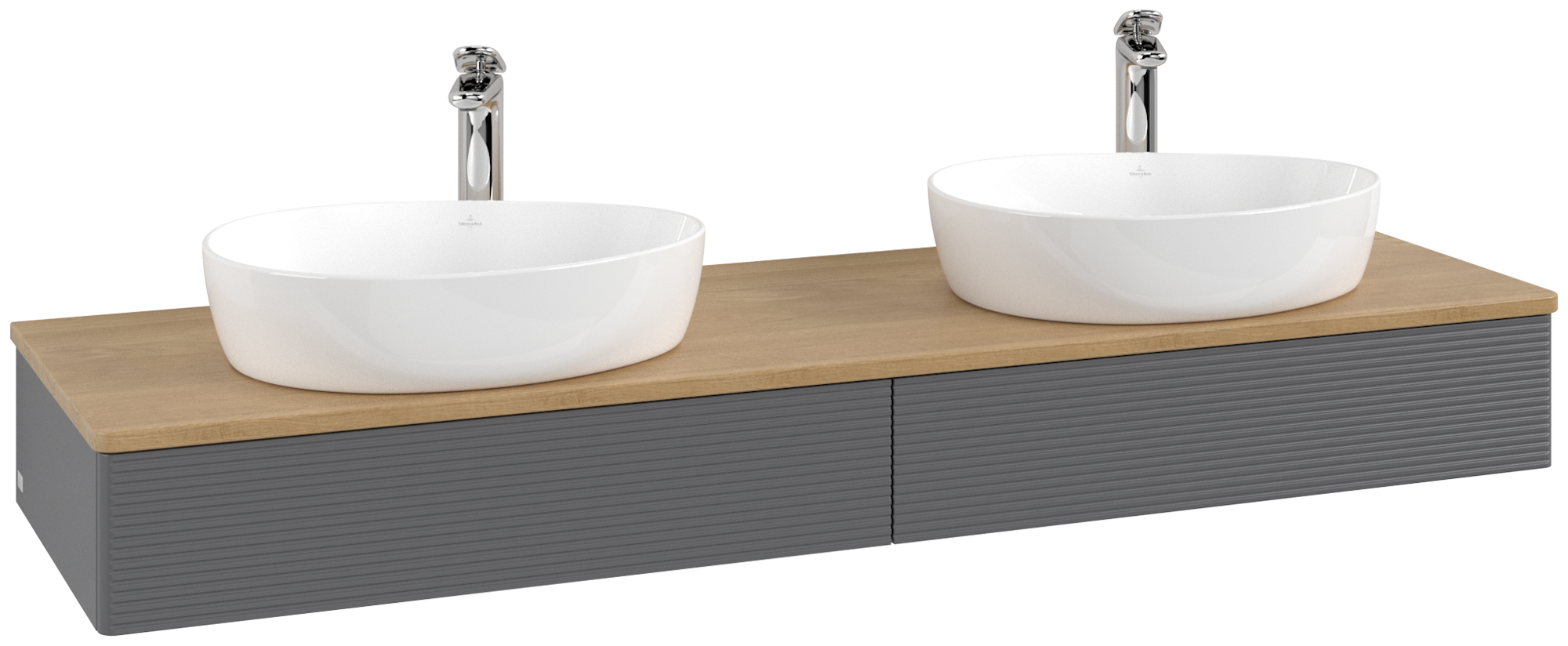 Villeroy & Boch Antao Vanity unit, with lighting, 2 pull-out compartments, 1600x190x500mm, Front with grain texture, Body: Anthracite Matt Lacquer, Front: Anthracite Matt Lacquer, Cover plate: Honey Oak