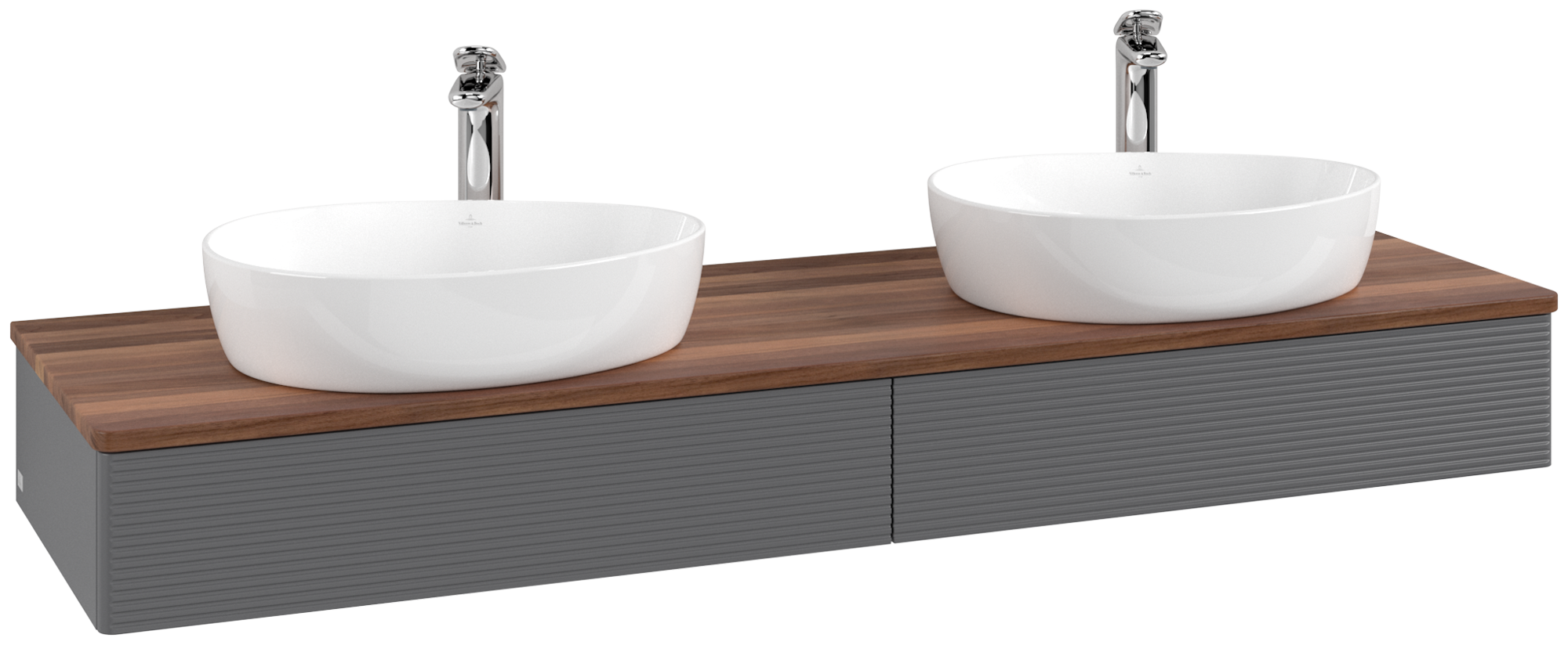 Villeroy & Boch Antao Vanity unit, with lighting, 2 pull-out compartments, 1600x190x500mm, Front with grain texture, Body: Anthracite Matt Lacquer, Front: Anthracite Matt Lacquer, Cover plate: Warm Walnut