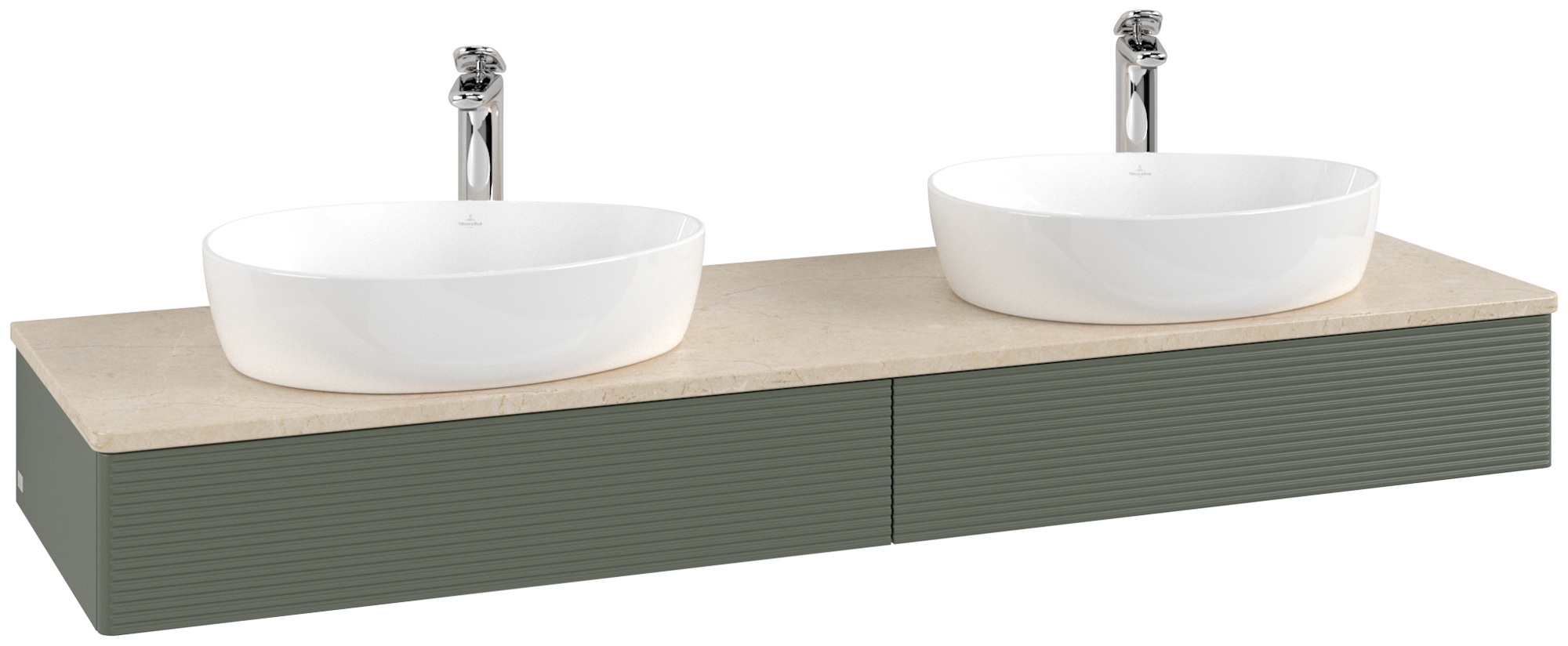 Villeroy & Boch Antao Vanity unit, with lighting, 2 pull-out compartments, 1600x190x500mm, Front with grain texture, Body: Leaf Green Matt Lacquer, Front: Leaf Green Matt Lacquer, Cover plate: Botticino
