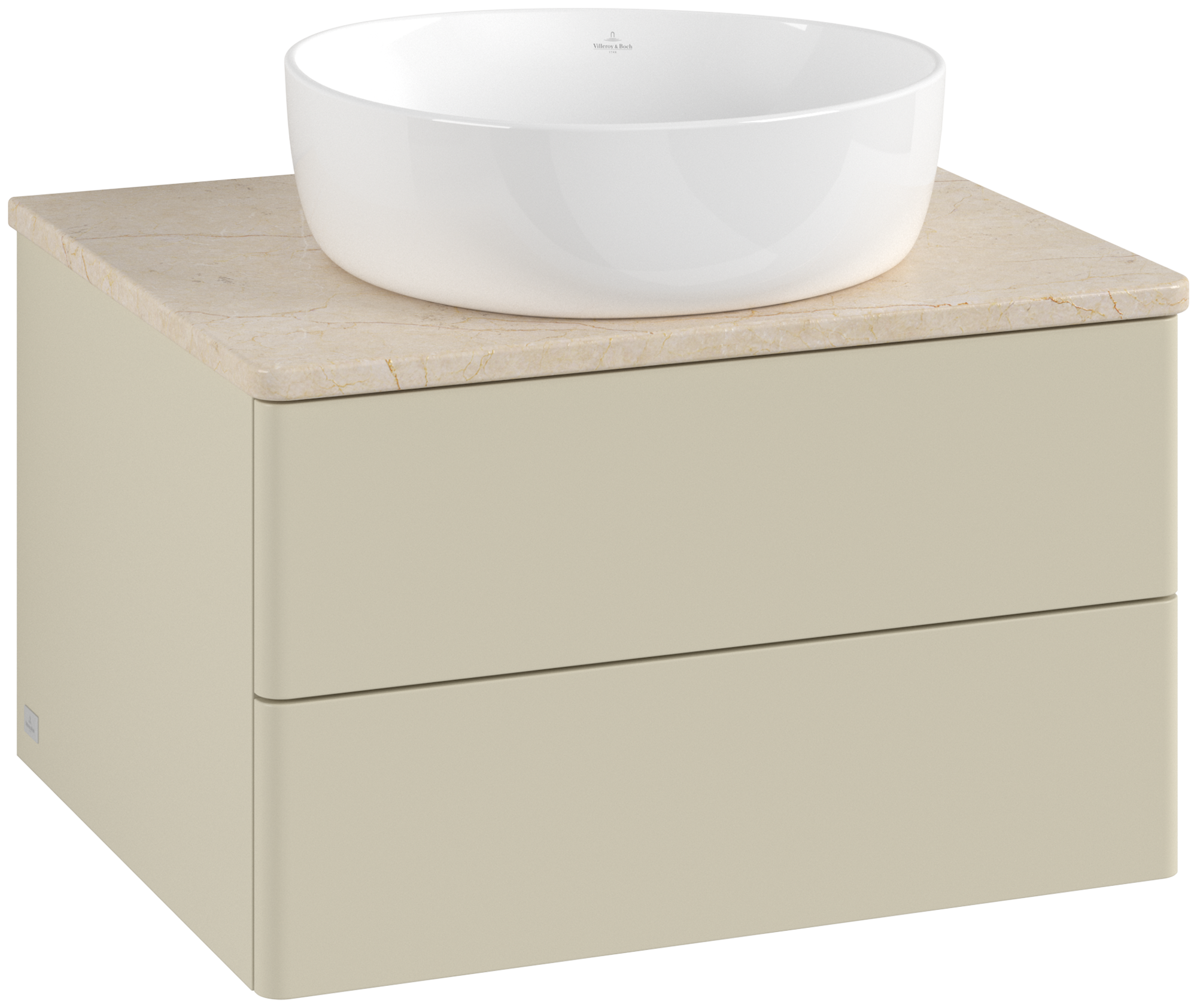 Villeroy & Boch Antao Meuble sous plan, avec éclairage, 2 tiroirs sur rails, 600x360x500mm, Façade sans structure, Caisson: Silk Grey Matt Lacquer, Façade: Silk Grey Matt Lacquer, Plaque de recouvrement: Botticino