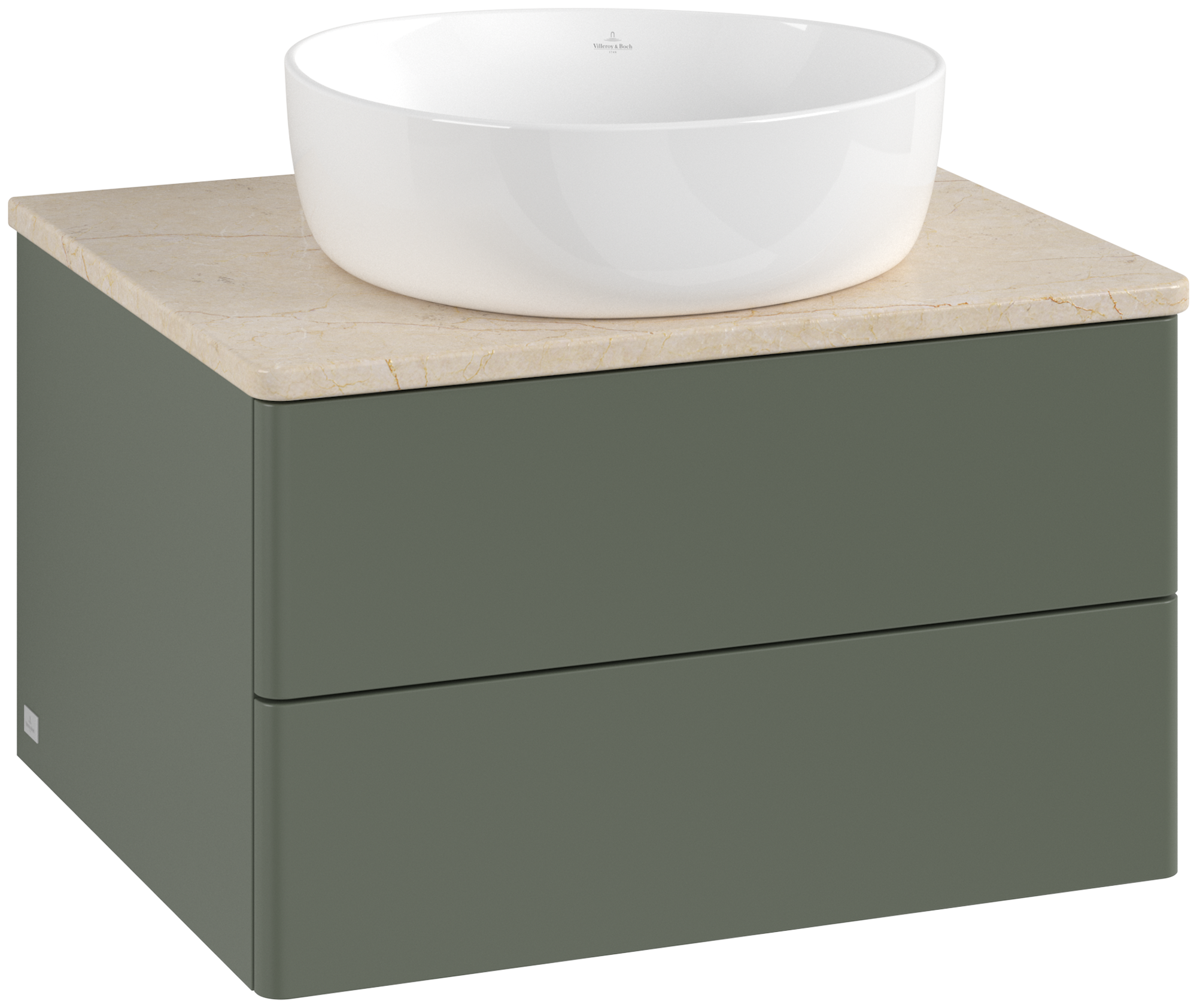 Villeroy & Boch Antao Meuble sous plan, avec éclairage, 2 tiroirs sur rails, 600x360x500mm, Façade sans structure, Caisson: Leaf Green Matt Lacquer, Façade: Leaf Green Matt Lacquer, Plaque de recouvrement: Botticino