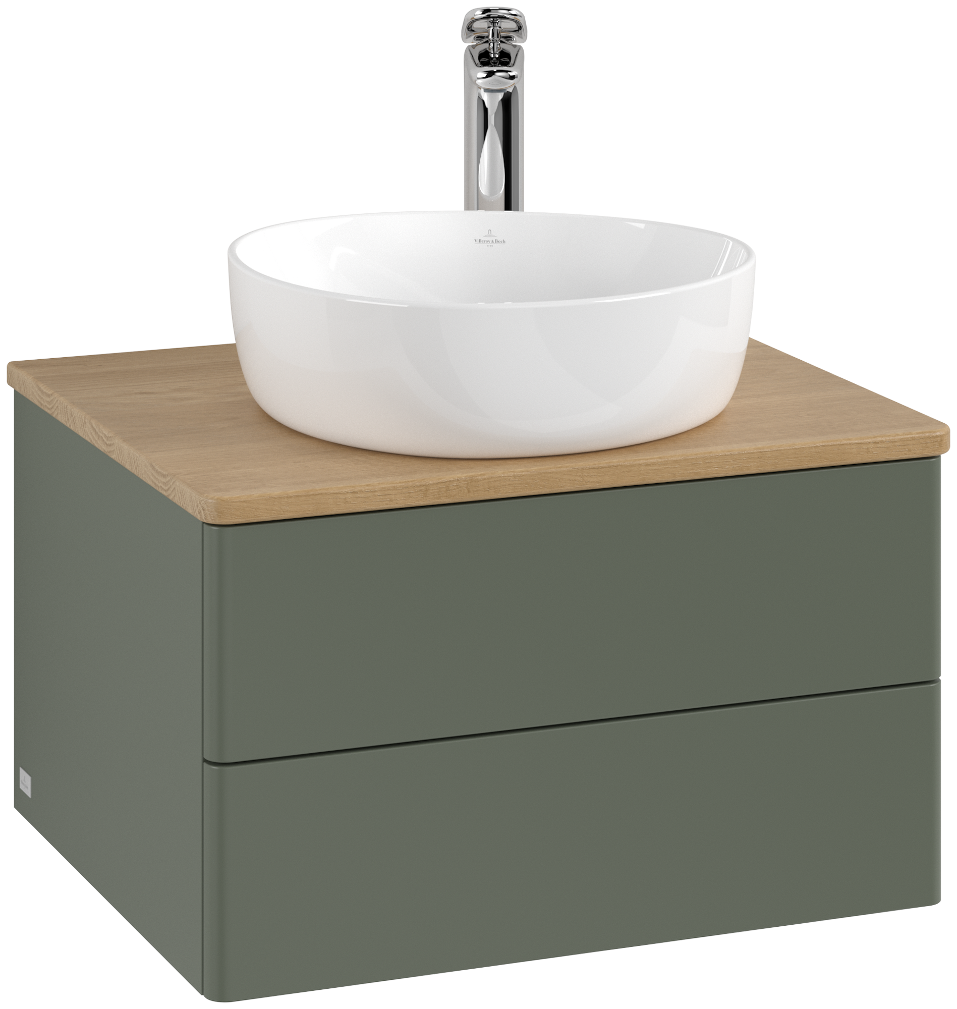 Villeroy & Boch Antao Meuble sous plan, avec éclairage, 2 tiroirs sur rails, 600x360x500mm, Façade sans structure, Caisson: Leaf Green Matt Lacquer, Façade: Leaf Green Matt Lacquer, Plaque de recouvrement: Honey Oak