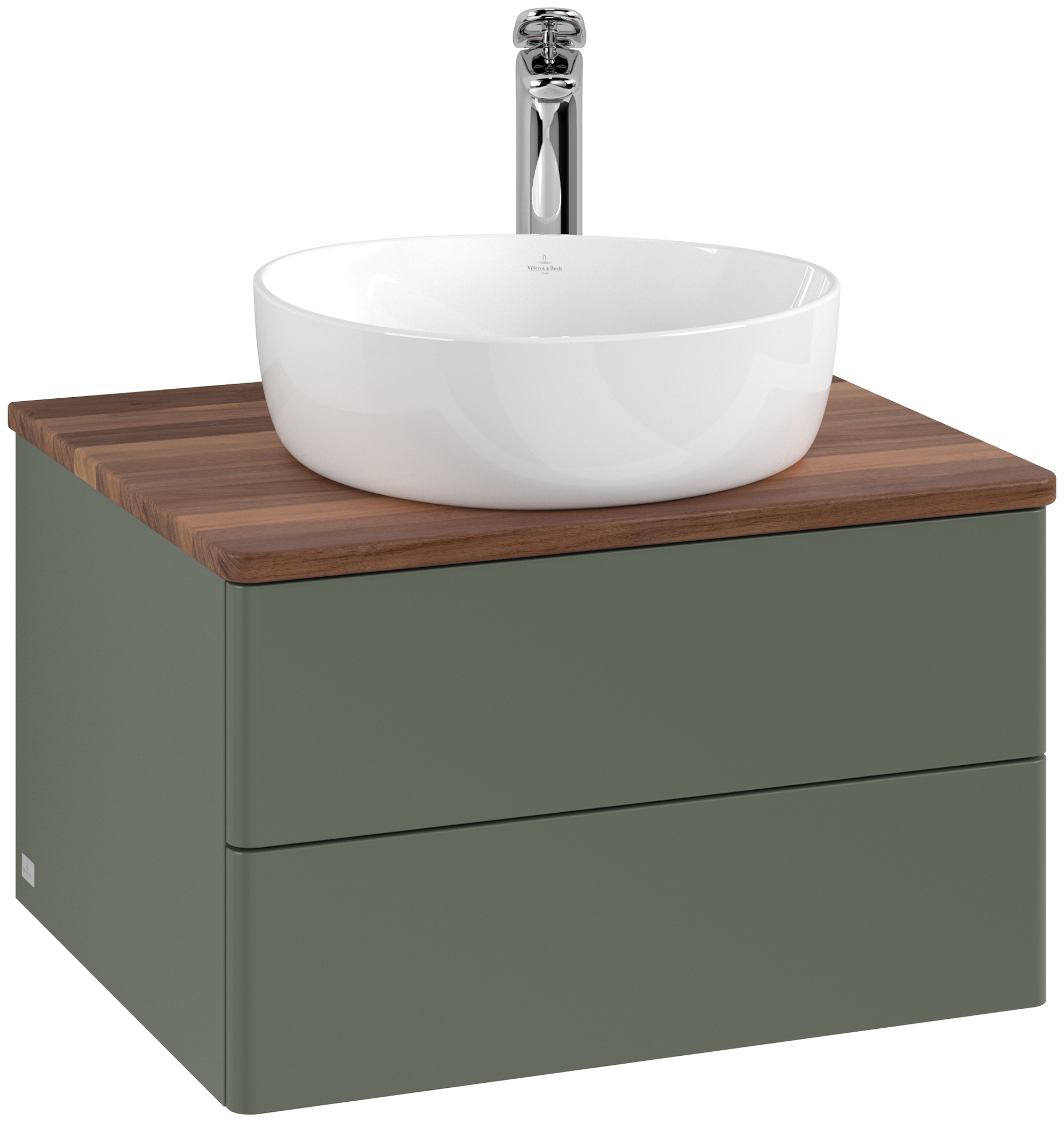 Villeroy & Boch Antao Meuble sous plan, avec éclairage, 2 tiroirs sur rails, 600x360x500mm, Façade sans structure, Caisson: Leaf Green Matt Lacquer, Façade: Leaf Green Matt Lacquer, Plaque de recouvrement: Warm Walnut