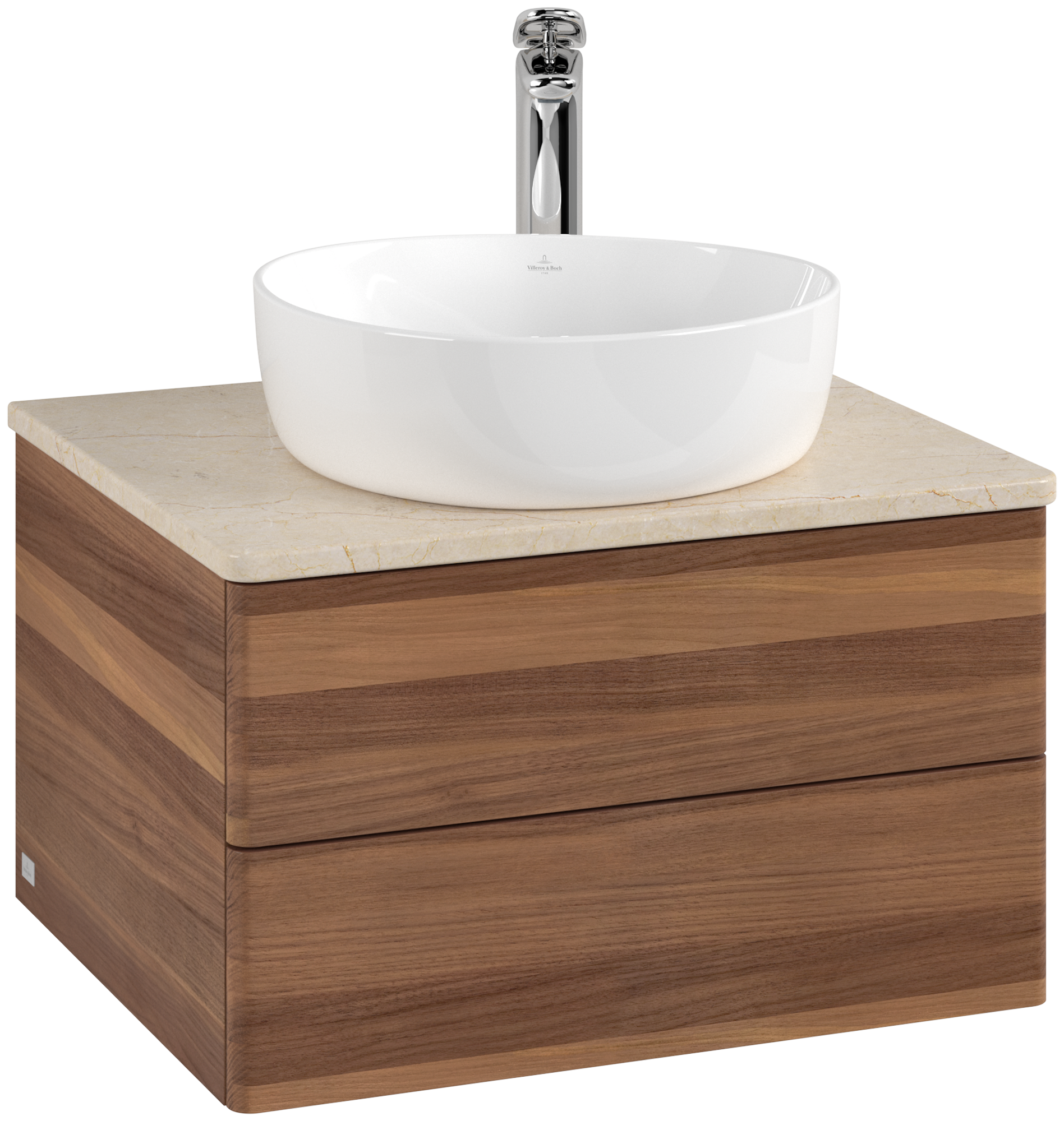 Villeroy & Boch Antao Meuble sous plan, avec éclairage, 2 tiroirs sur rails, 600x360x500mm, Façade sans structure, Caisson: Warm Walnut, Façade: Warm Walnut, Plaque de recouvrement: Botticino