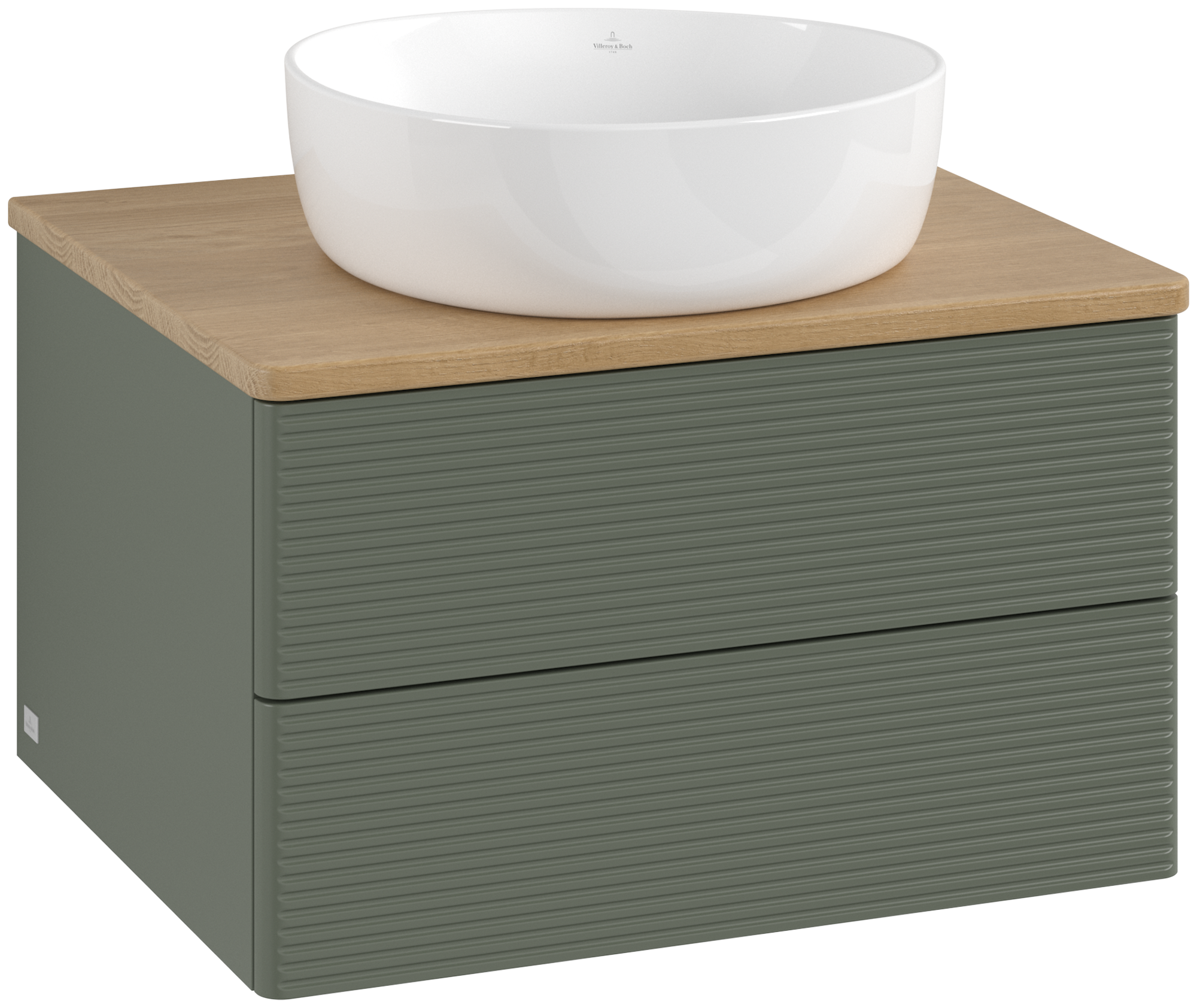 Villeroy & Boch Antao Meuble sous plan, avec éclairage, 2 tiroirs sur rails, 600x360x500mm, Façade avec structure, Caisson: Leaf Green Matt Lacquer, Façade: Leaf Green Matt Lacquer, Plaque de recouvrement: Honey Oak